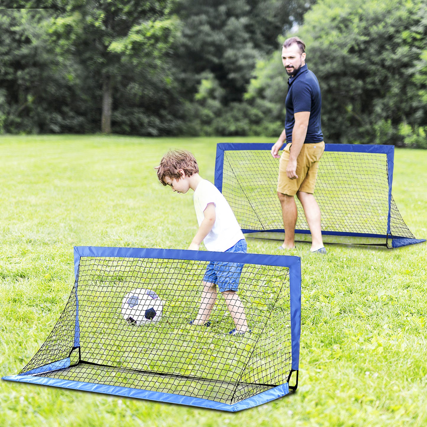 HOMCOM Set of 2 Football Goal Net 6 x 3 ft Foldable Outdoor Sport Training Teens Adults Soccer with Carrying Bag Blue-8