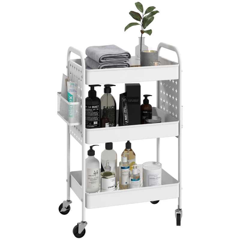 3-tier Storage Trolley on Wheels, Rolling Utility Serving Cart w/ 3 Mesh Baskets, 2 Hanging Boxes & 6 Hooks for Living Room, White | HOMCOM-0