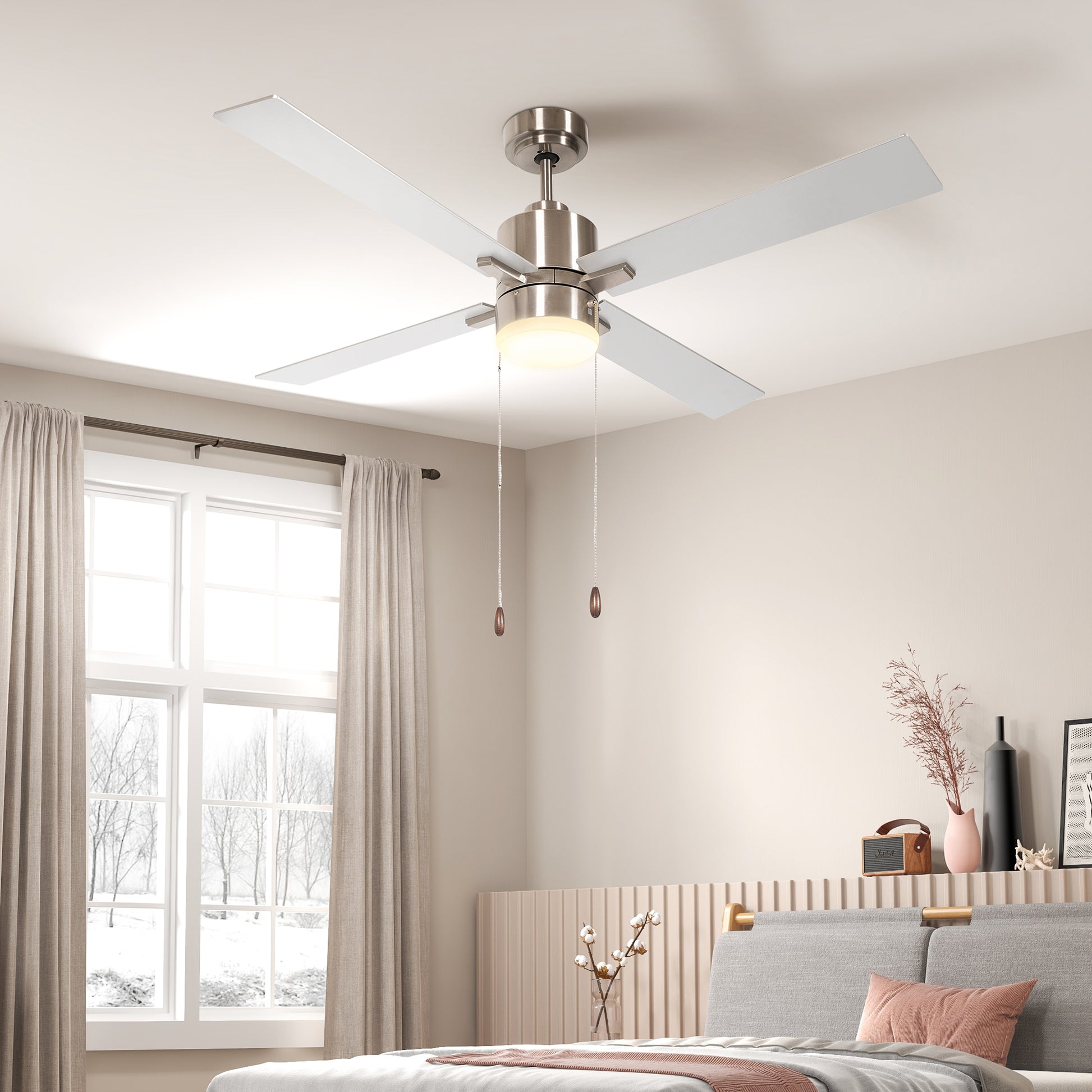 Ceiling Fan with LED Light, Flush Mount Ceiling Fan Lights with Reversible Blades, Pull-chain, Silver and Natural Tone by HOMCOM-8