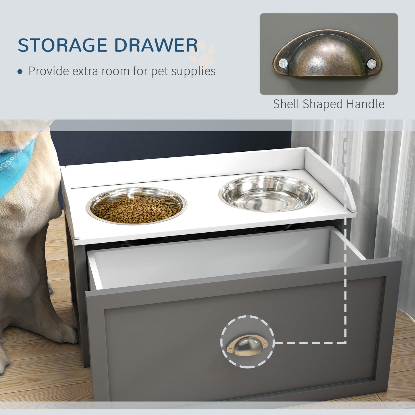 Elevated Dog Feeder, Stainless Steel Pet Bowls with Storage Drawer, 21L Capacity for Large Breeds in Grey | PawHut-3