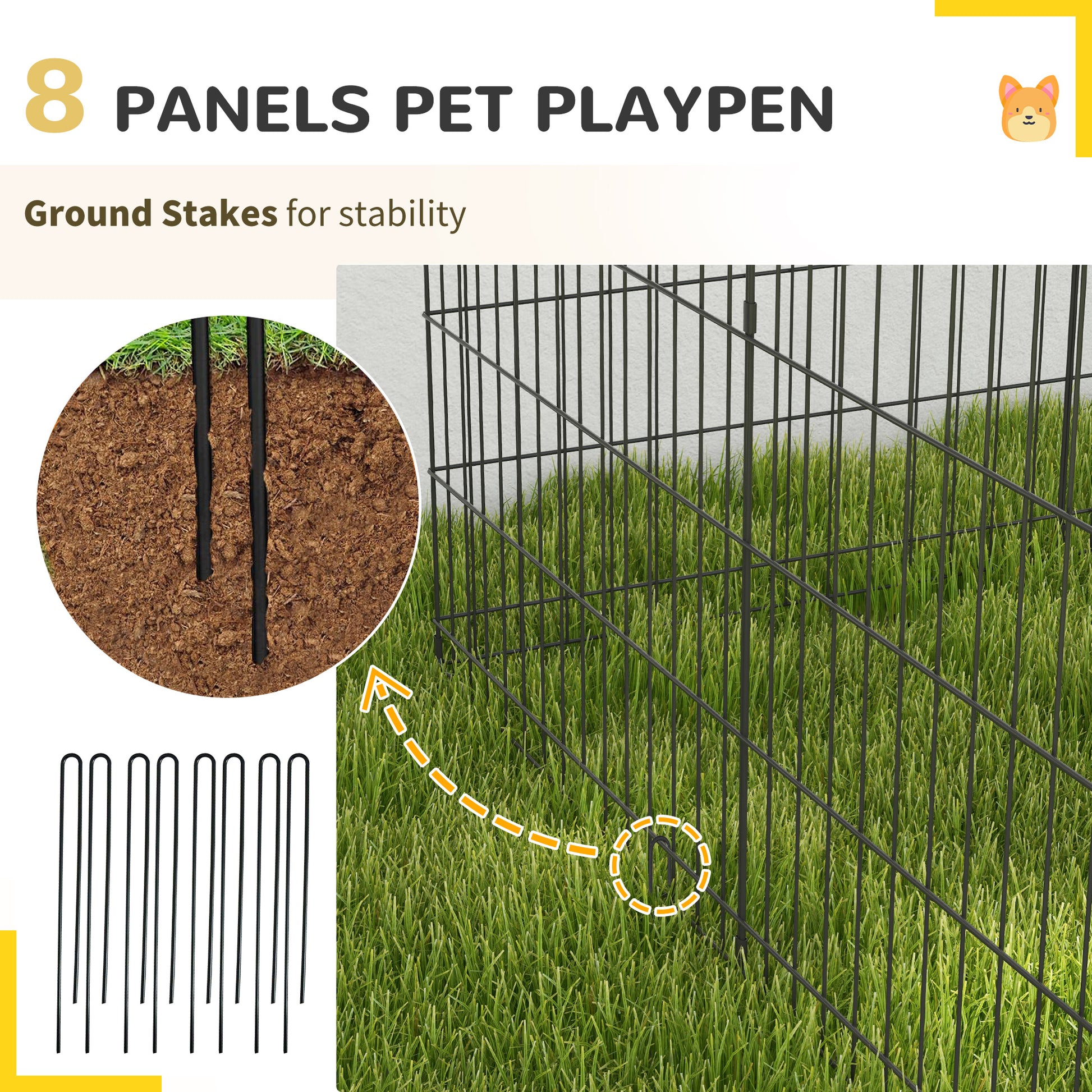 PawHut 8 Panel DIY Dog Pen with Door, for Dogs, Small Animals, Indoor/Outdoor Use, 91cm High-4