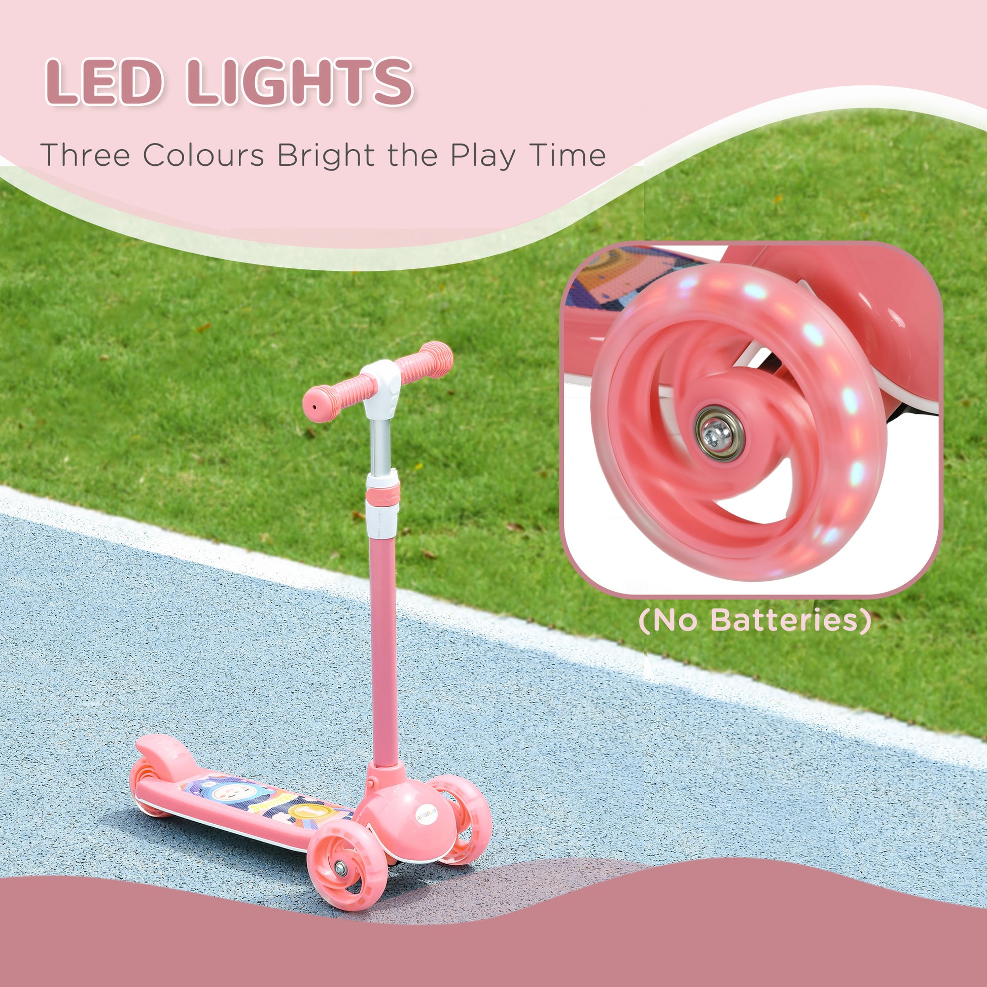 AIYAPLAY Kids 3 Wheel Scooter for 2-6 Years Old with Adjustable Height, LED Light, TPE Handlebar in Pink-4