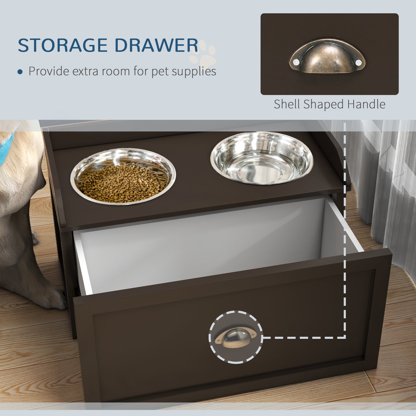 Stainless Steel Raised Dog Bowls, with 21L Storage Drawer for Large Dogs - Brown | PawHut-3