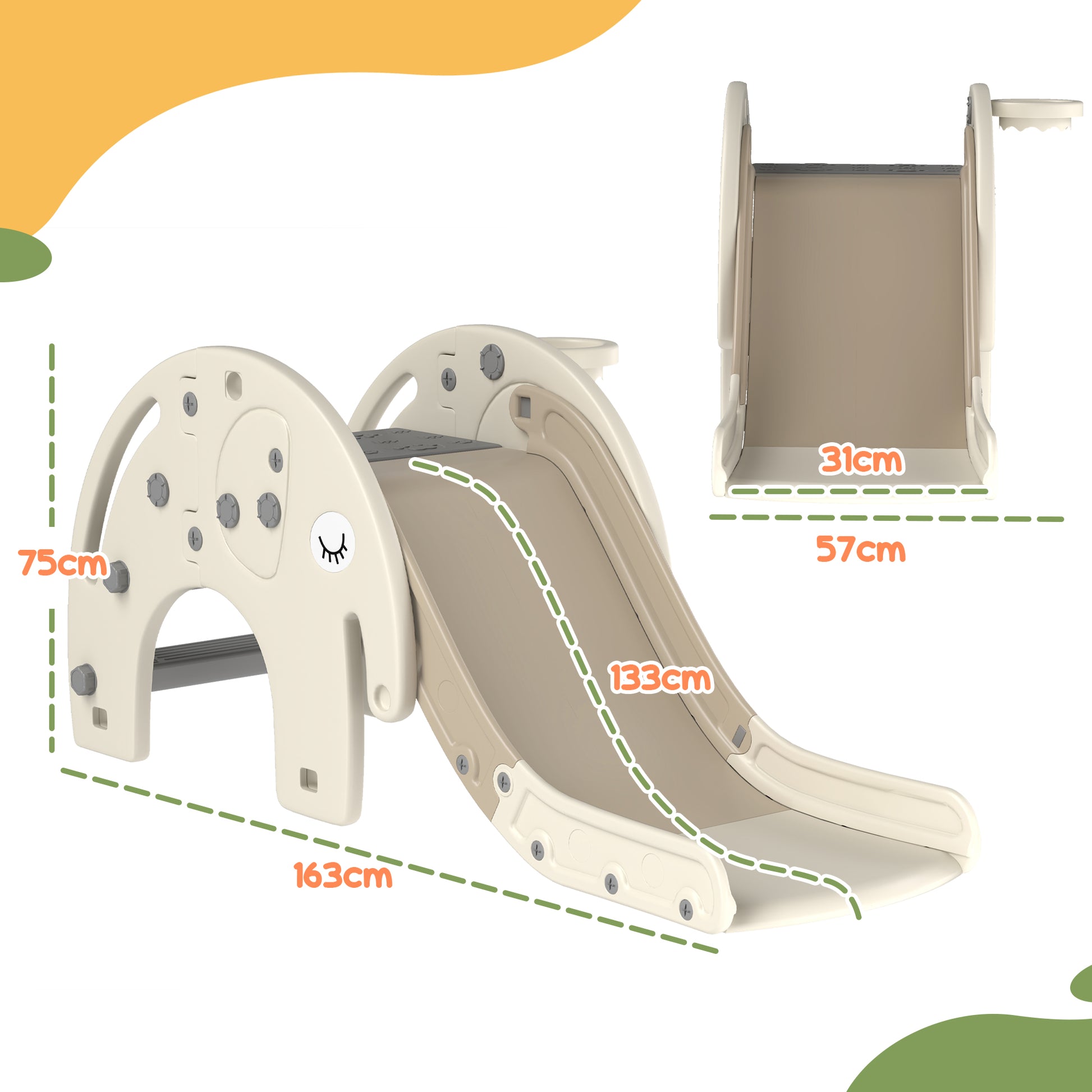 3 in 1 Toddler Slide with Basketball Hoop, Climber, Elephant-Themed, for 1-3 Years in Cream White by AIYAPLAY-1