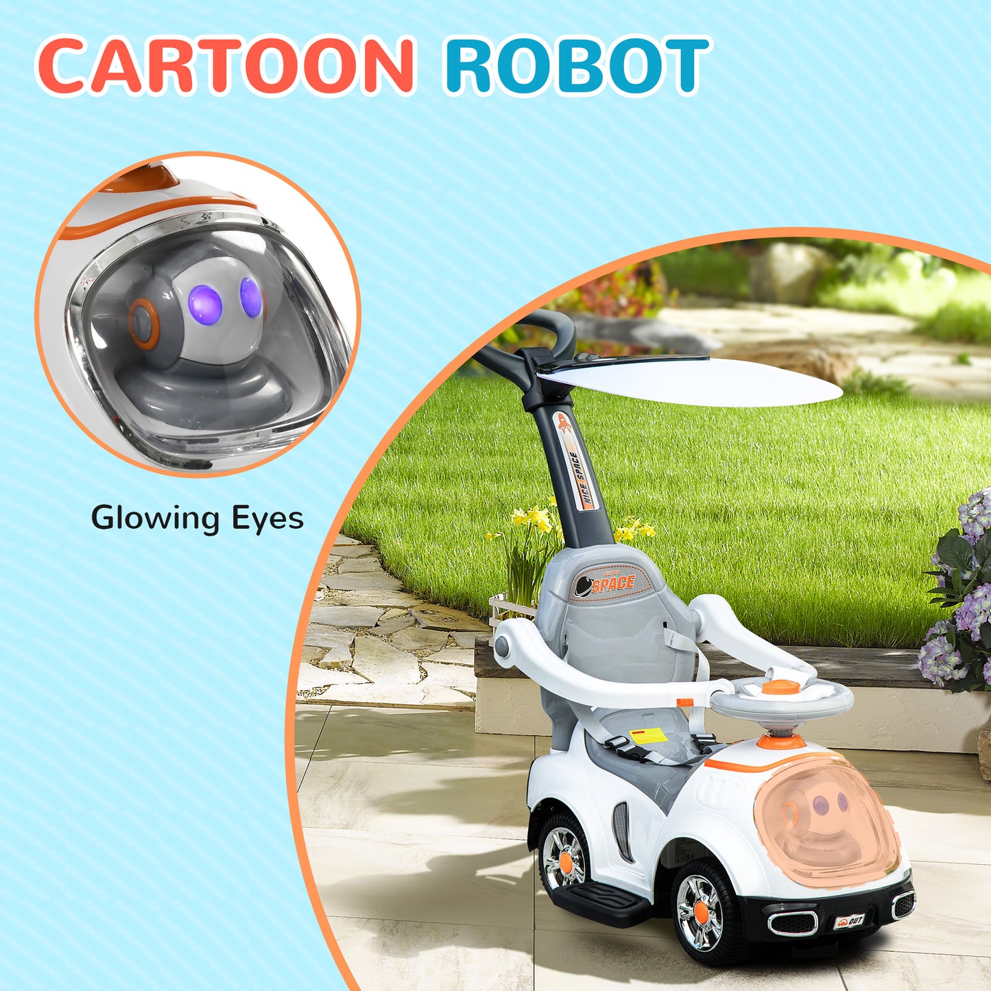 AIYAPLAY 3 in 1 Ride on Push Car, Cartoon Robot Theme Foot to Floor Slider w/ Handle Light Music Horn, Storage - White-3