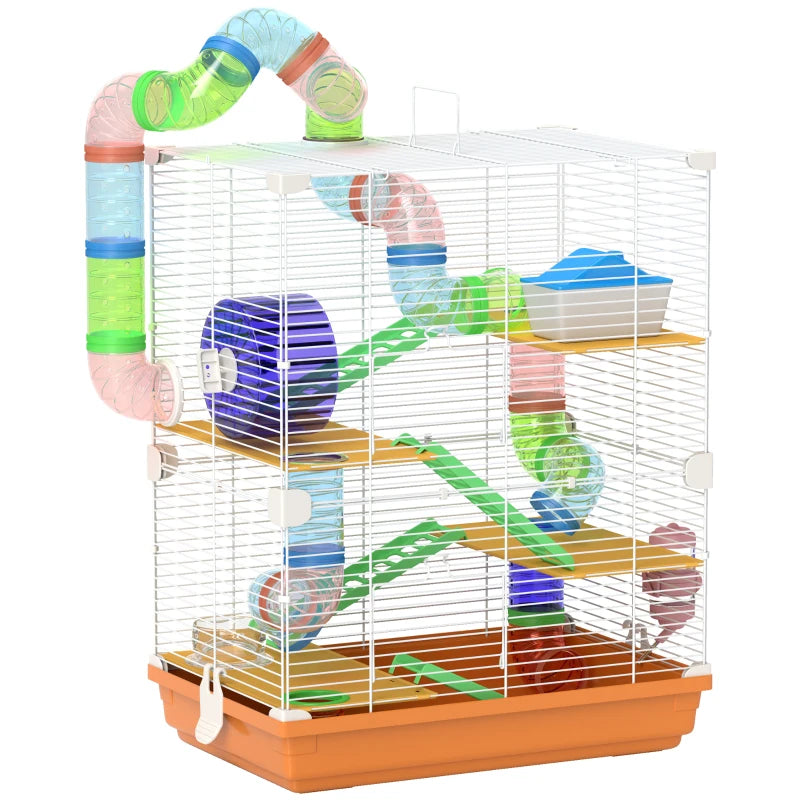 PawHut 5 Tier Hamster Cage Carrier Habitat with Exercise Wheels, Tunnel in Orange-0