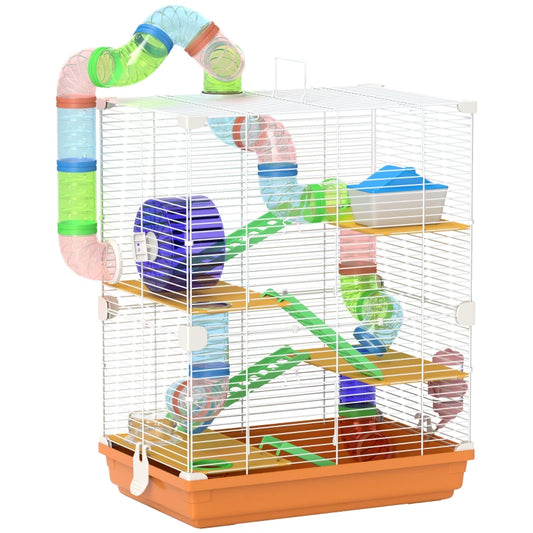 PawHut 5 Tier Hamster Cage Carrier Habitat with Exercise Wheels, Tunnel in Orange-0