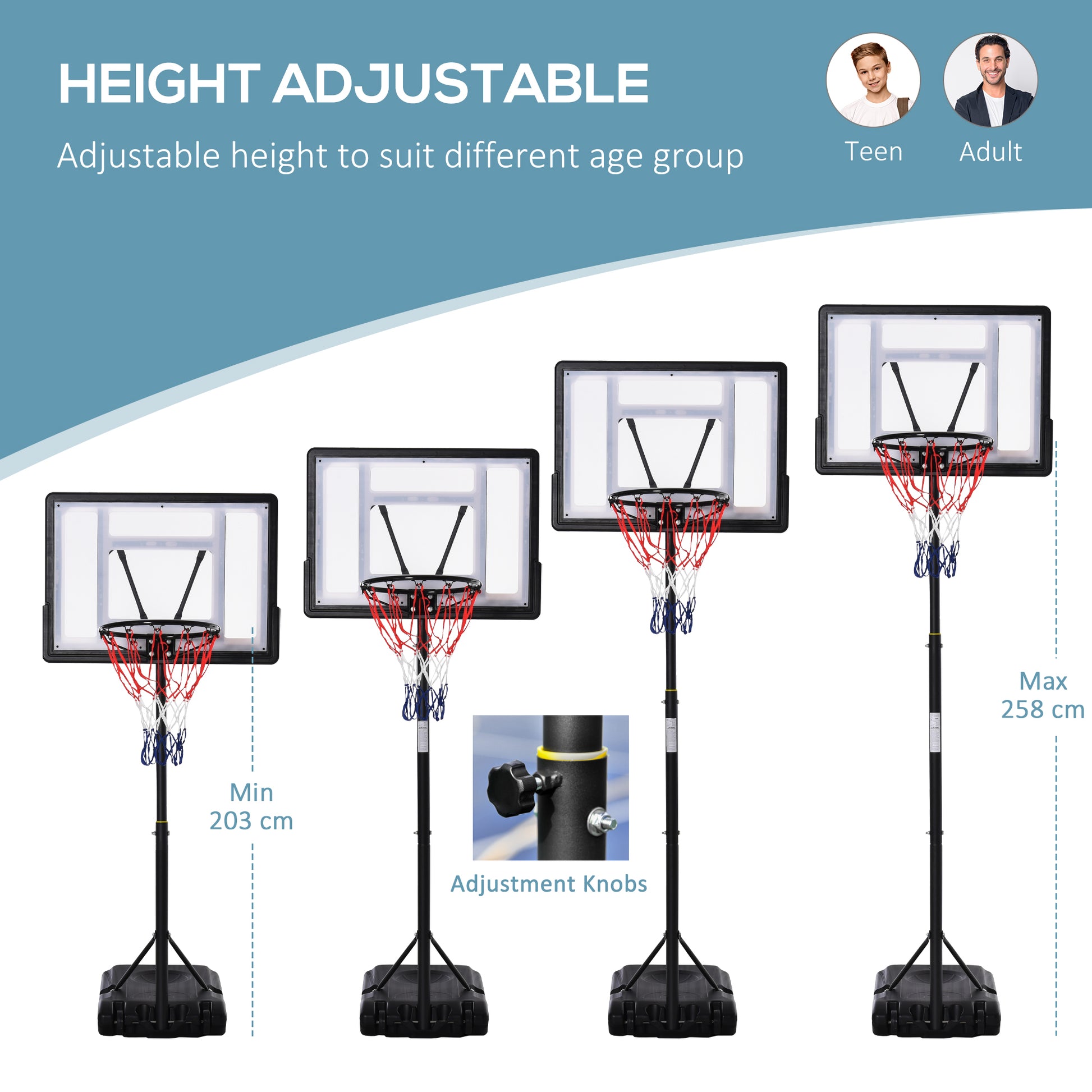 Height Adjustable Basketball Hoop and Stand, Free Standing Basketball Hoop System with Fillable Base and Wheels, for Teens Junior | HOMCOM-4