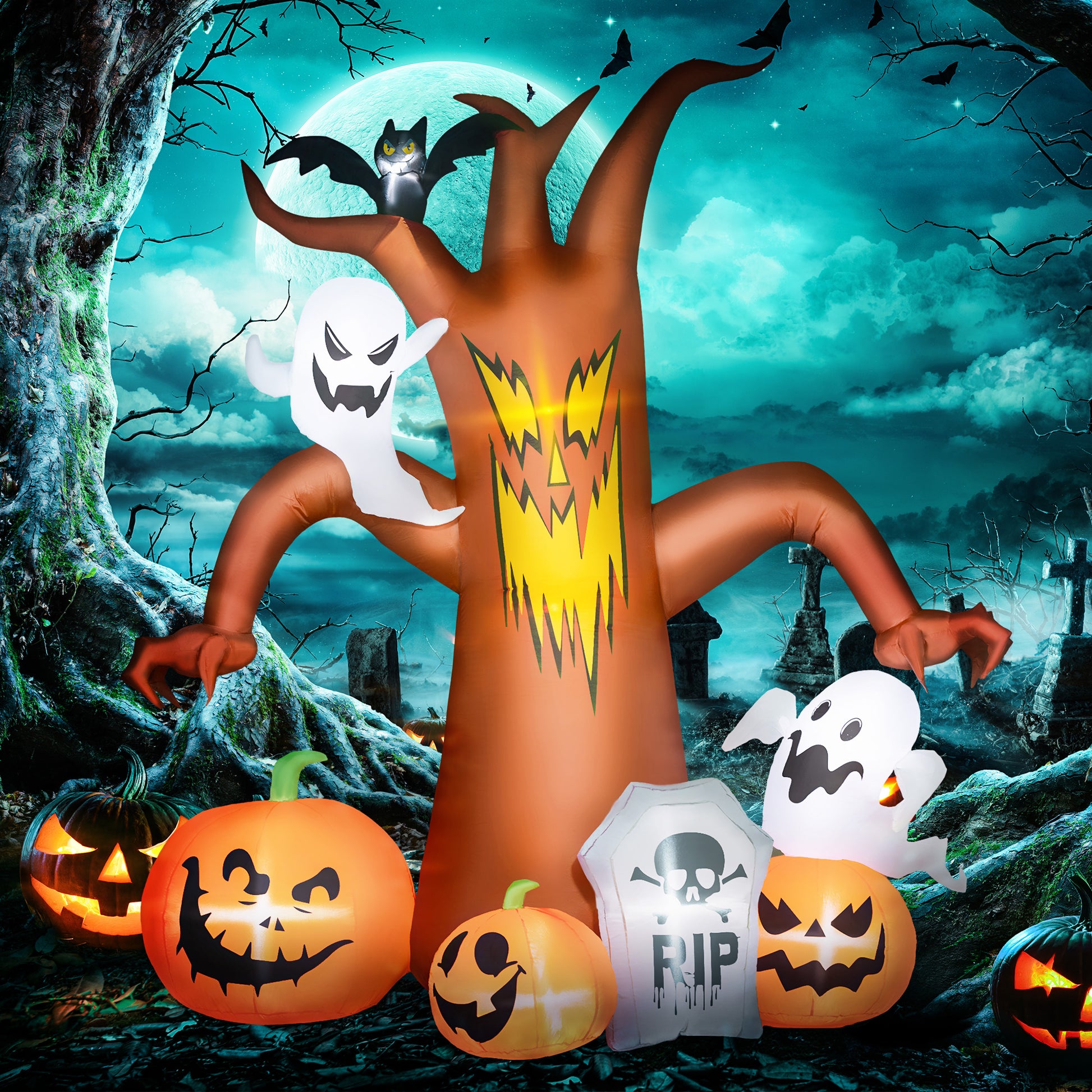 Outsunny 7.9FT Tall Halloween Inflatable Ghost Tree with Pumpkins, White Ghosts and Tombstone, Blow-Up Outdoor Halloween Decoration for Lawn, Garden, Party-8