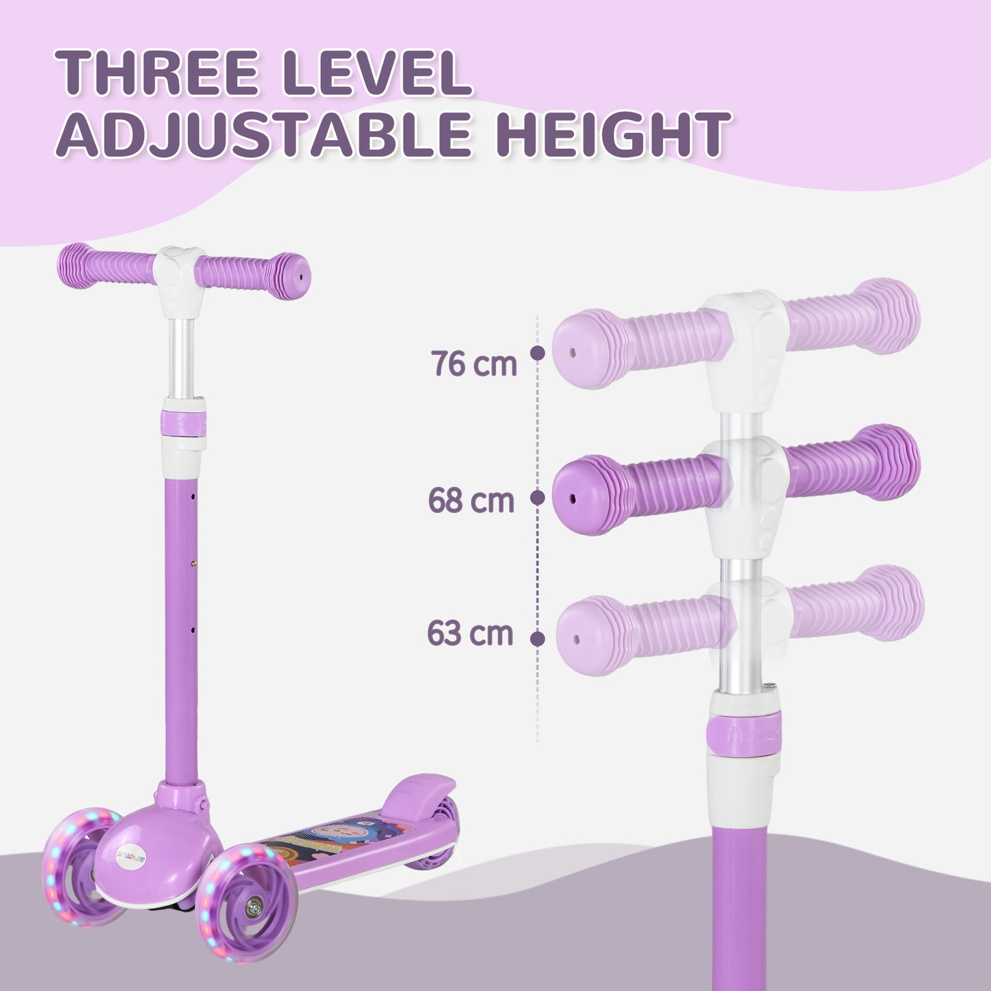 AIYAPLAY Kids 3 Wheel Scooter for 2-6 Years Old w/ Adjustable Height, LED Light, TPE Handlebar, Purple-2