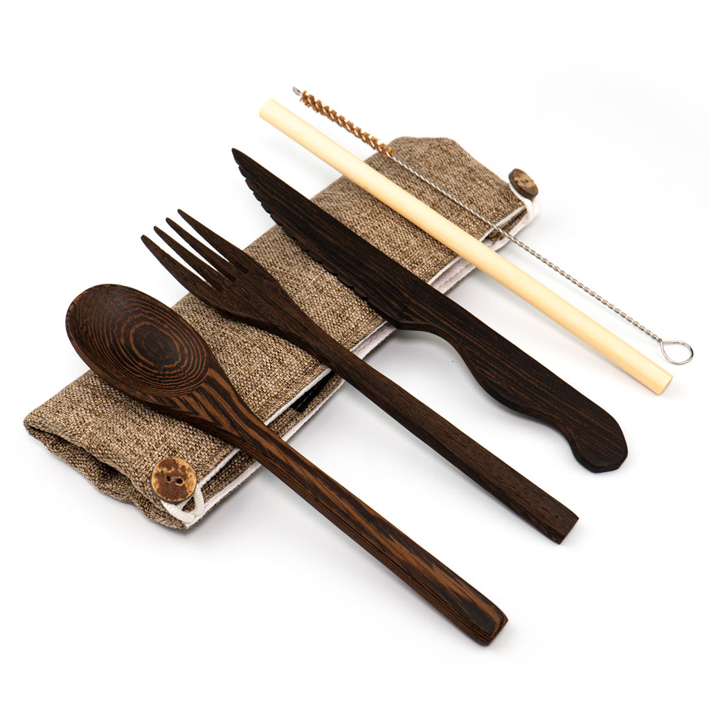 Dark Wood Cutlery Set (Light grey bag)-6