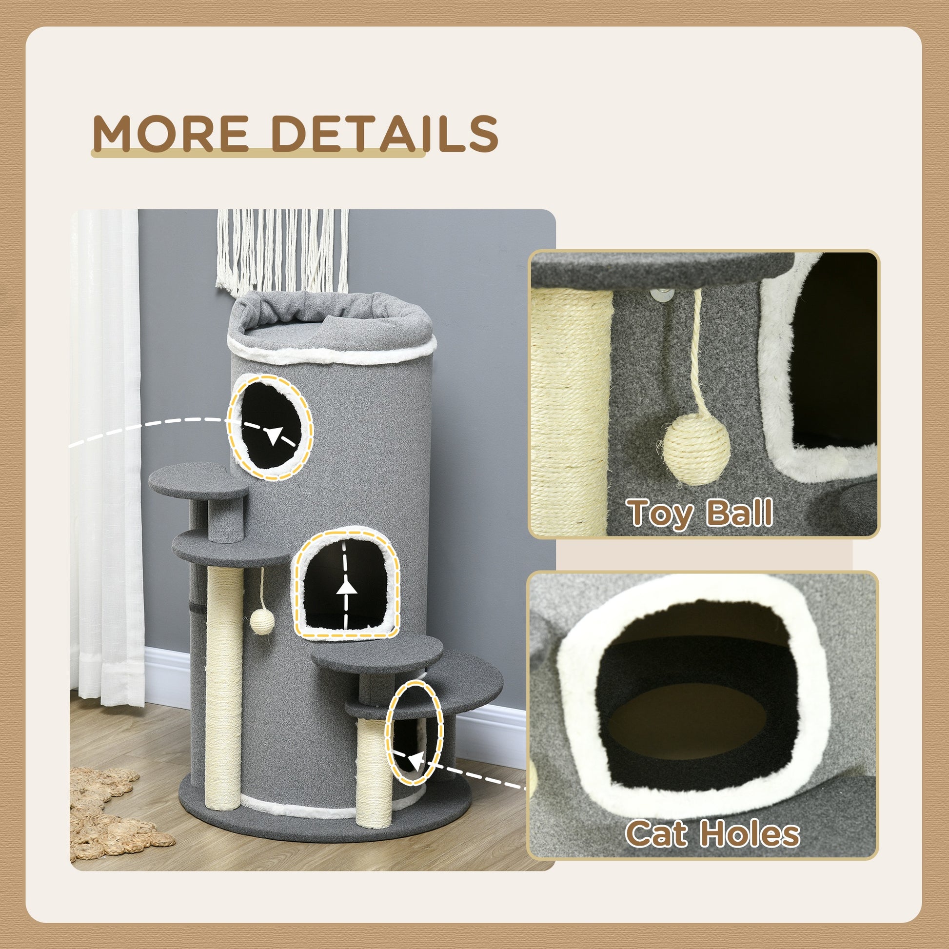 Barrel Shaped Cat Tree with Sisal Scratching Posts, Cat Bed, Platforms, Hanging Ball in Grey | PawHut-4