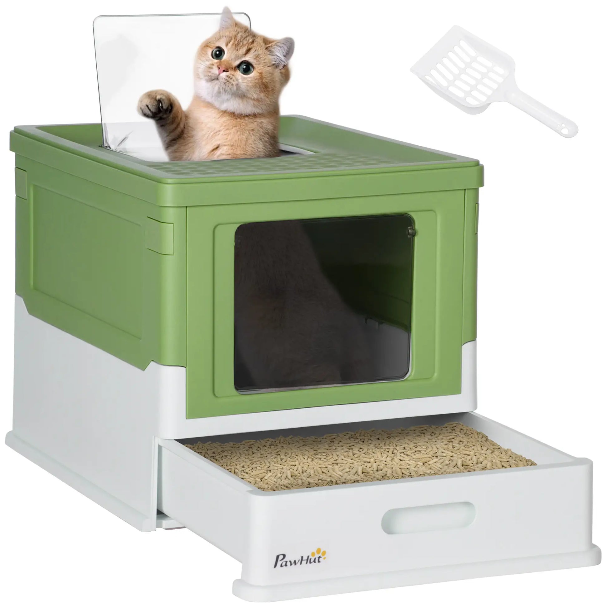 Hooded Cat Litter Box, Portable Pet Toilet, with Scoop, Front Entry in Lime Green | PawHut-0