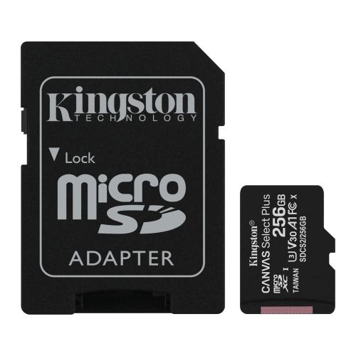 Kingston 256GB Canvas Select Plus Micro SDXC Card with SD Adapter, UHS-I Class 10, U3, A1 App Performance, 100MB/s-0