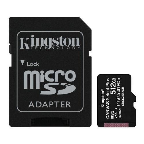 Kingston 512GB Canvas Select Plus Micro SD Card with SD Adapter, UHS-I Class 10, U3, A1 App Performance, 100MB/s-0