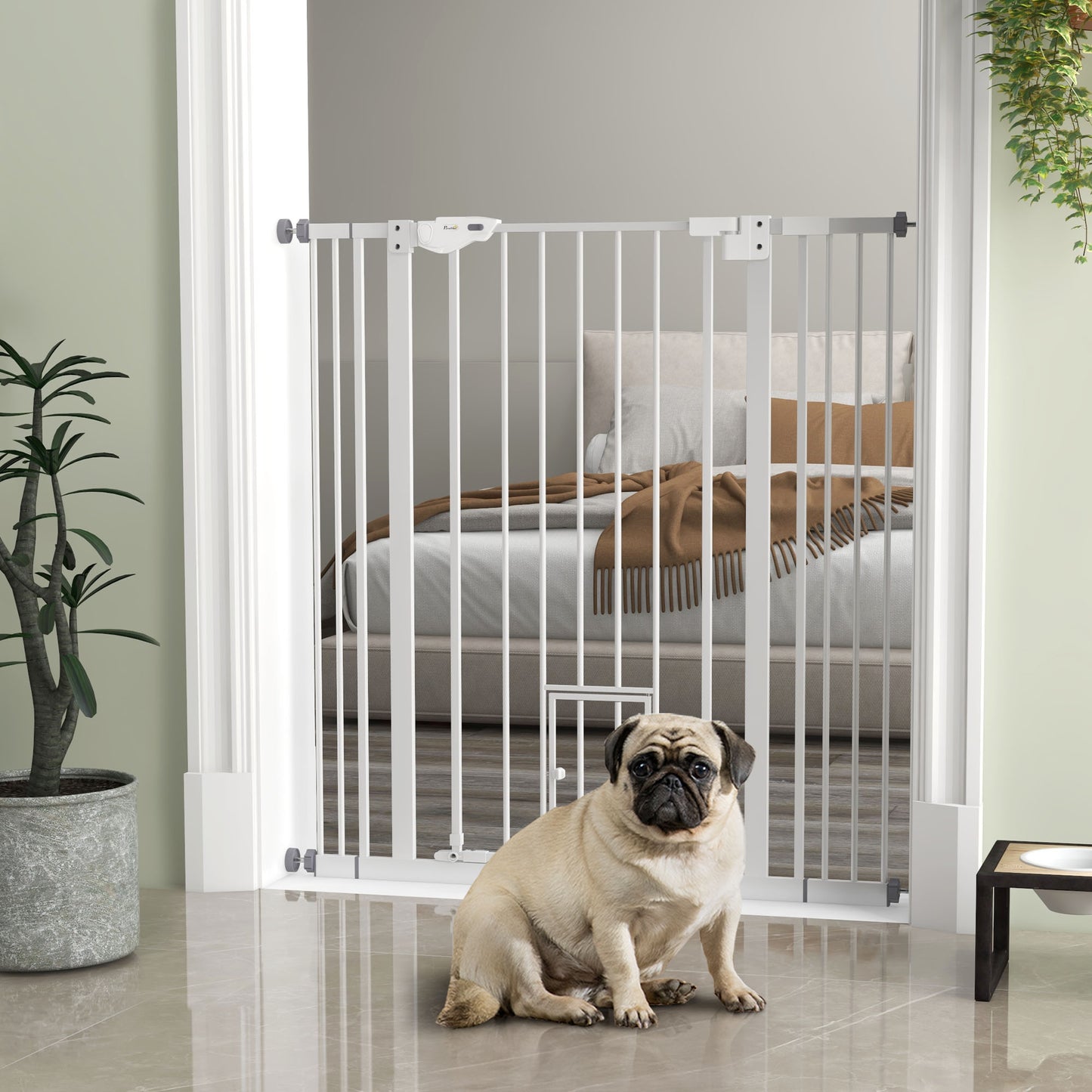 Extra Tall Pet Gate, Indoor Dog Safety Gate, with Cat Flap, Auto Close, 74-101cm Wide - White | PawHut-8