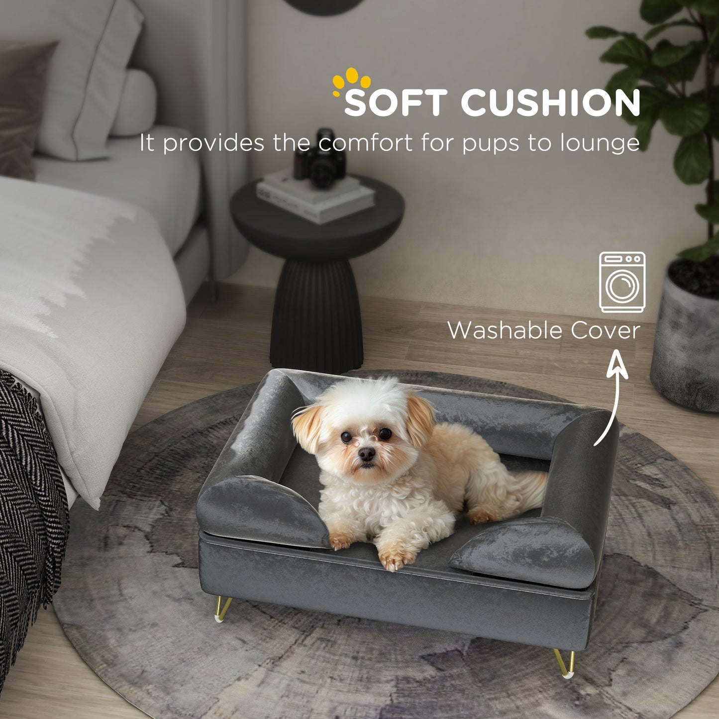 Cat Sofa Pet Couch w/ Removable Backrest, Soft Cushion, Washable Cover, for Small and Medium Sized Dogs, Grey | PawHut-4