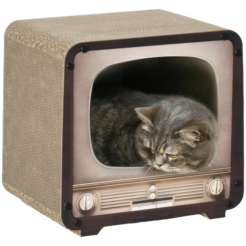 2 in 1 TV Shape Cat Scratching Board House with Catnip, for Indoor Cats in Brown | PawHut-0