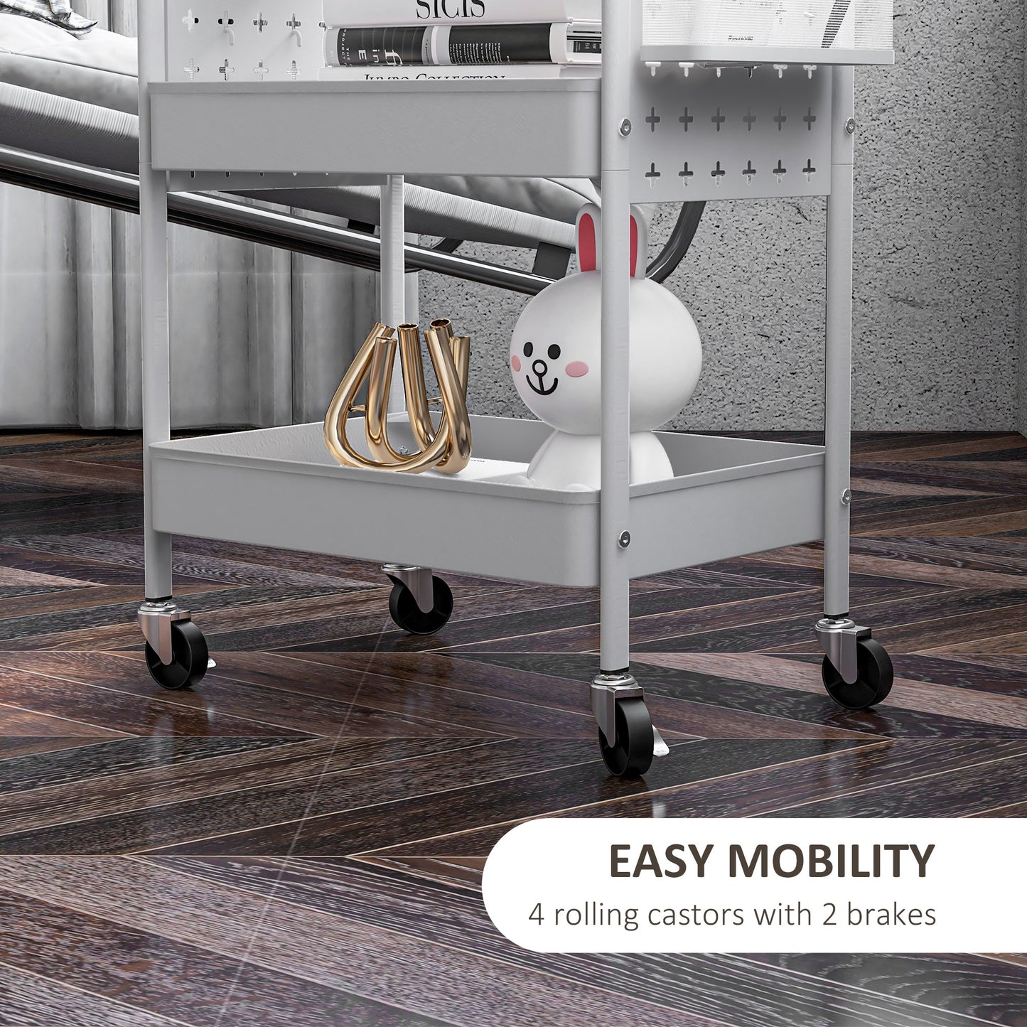 3-tier Storage Trolley on Wheels, Rolling Utility Serving Cart w/ 3 Mesh Baskets, 2 Hanging Boxes & 6 Hooks for Living Room, White | HOMCOM-3