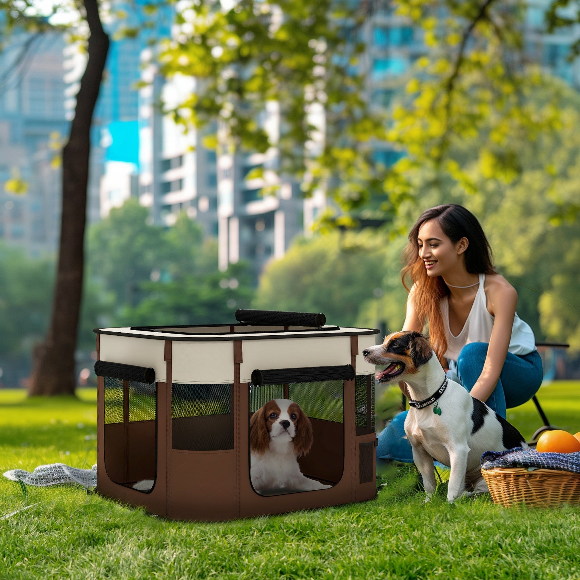 Foldable Dog Pen with Storage Bag for Indoor/Outdoor Use, Brown | PawHut-8