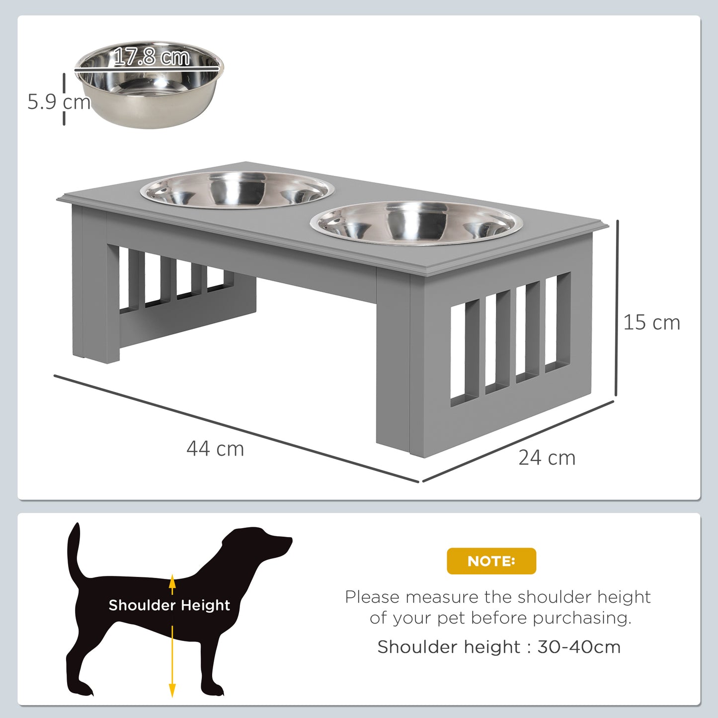 Raised Dog Feeding Bowls with Stand, Stainless Steel for Extra Small and Small Dog, 44L x 24W x 15H cm in Grey | PawHut-1