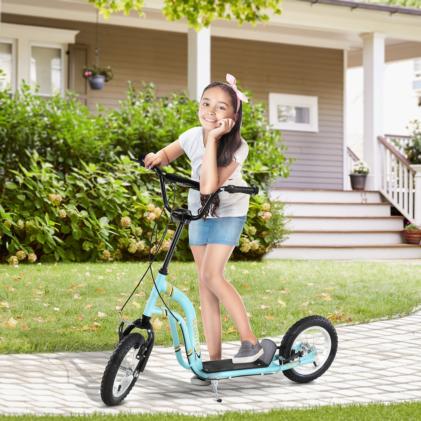 HOMCOM Teen Kids Stunt Scooter with Adjustable Handlebar, 12 Inch Rubber Tyres, Dual Brakes, Blue-8