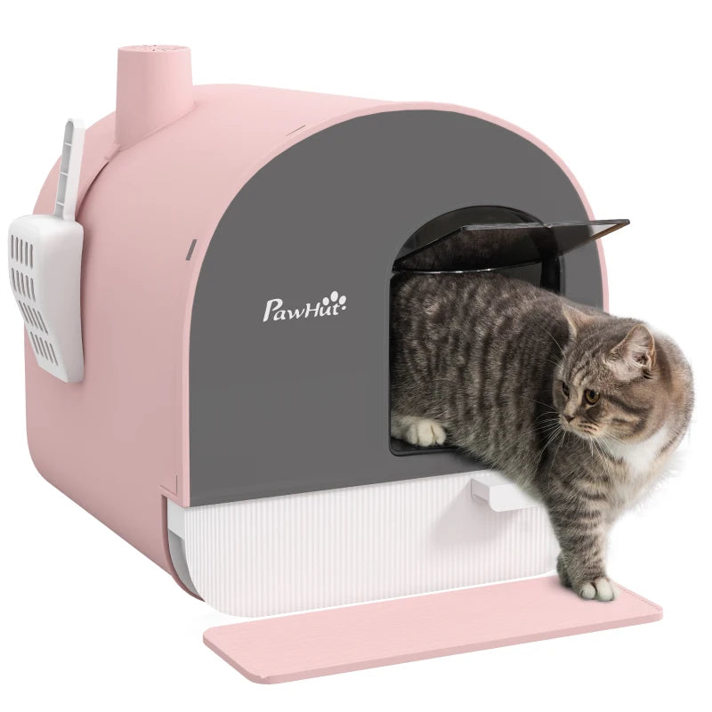 Hooded Cat Litter Box, Kitten Litter Tray, with Lid, Scoop, Filter, Flap Door, Pink | PawHut-0