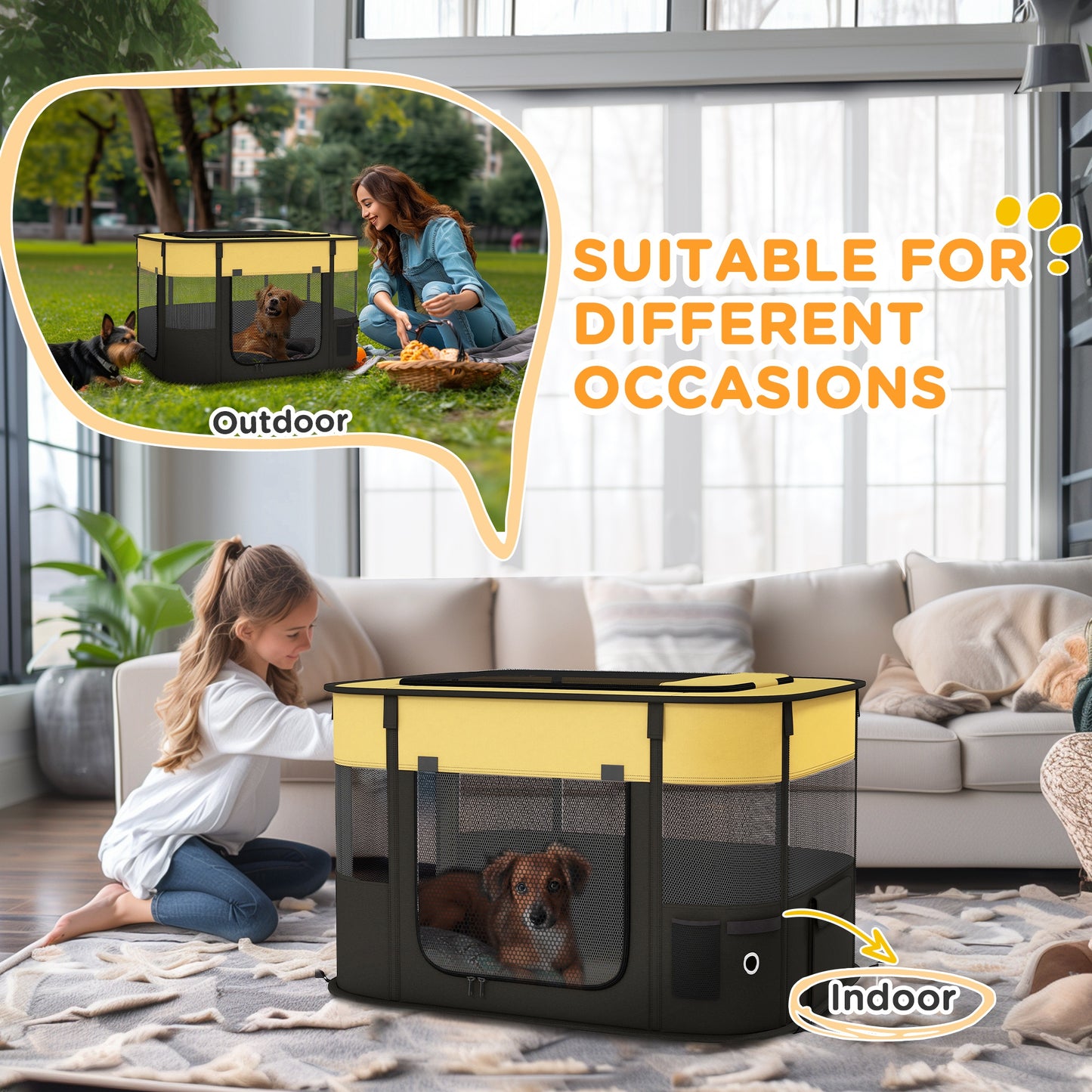 Foldable Dog Pen with Storage Bag for Indoor/Outdoor Use, Yellow | PawHut-5