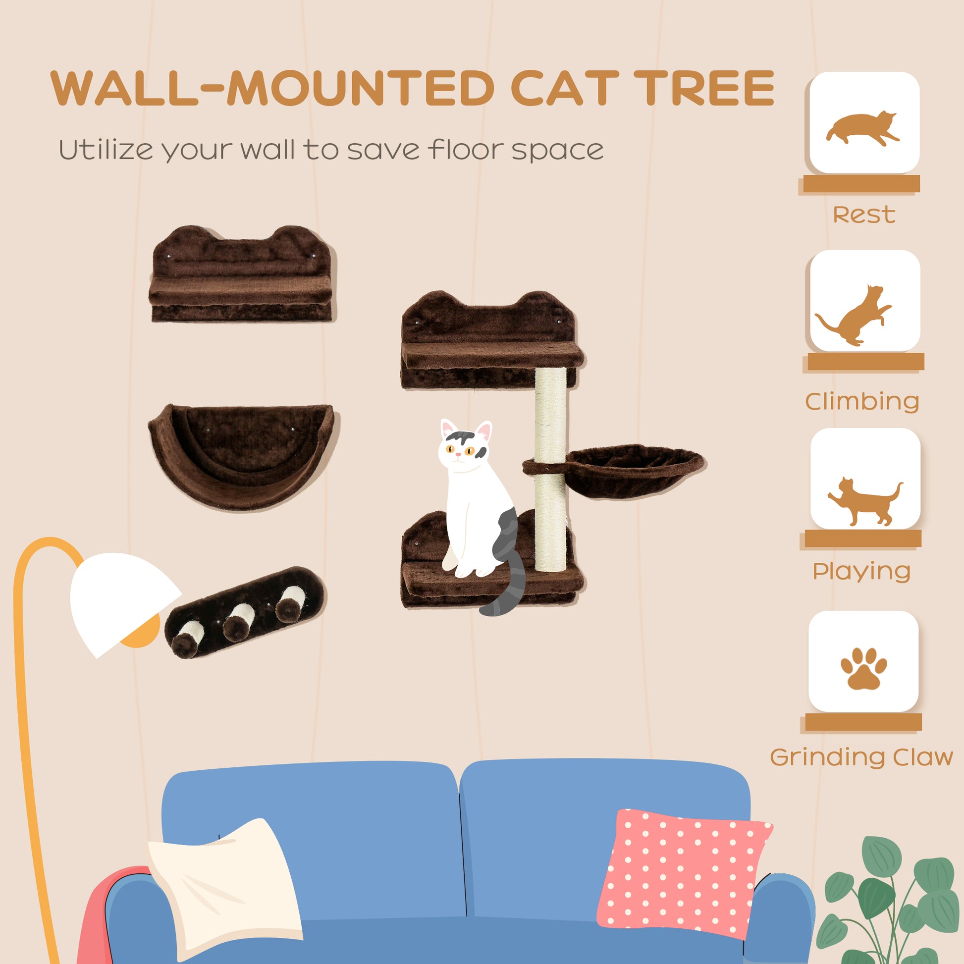 PawHut 4PCs Wall-Mounted Cat Shelves with Scratching Post, Hammock, Nest in Brown-2