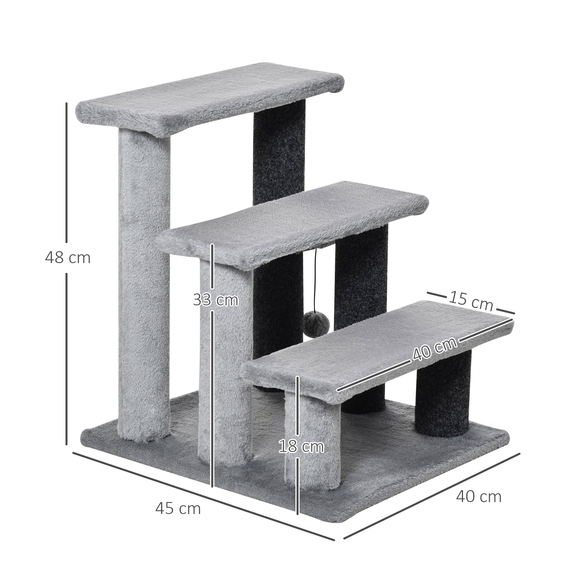 PawHut 3-step Pet Stairs with Scratching Posts, Platforms, Toy Ball in Grey-1