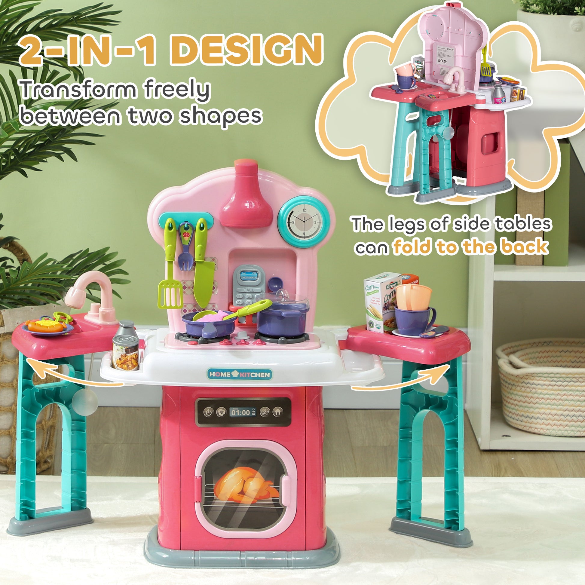 AIYAPLAY Toy Kitchen, 45 Pieces Kids/Toddler Pretend Role Play Kitchen with Rotating Side Tables with Light, Sounds, Spray Effect for Children 3-6 Years in Pink-4