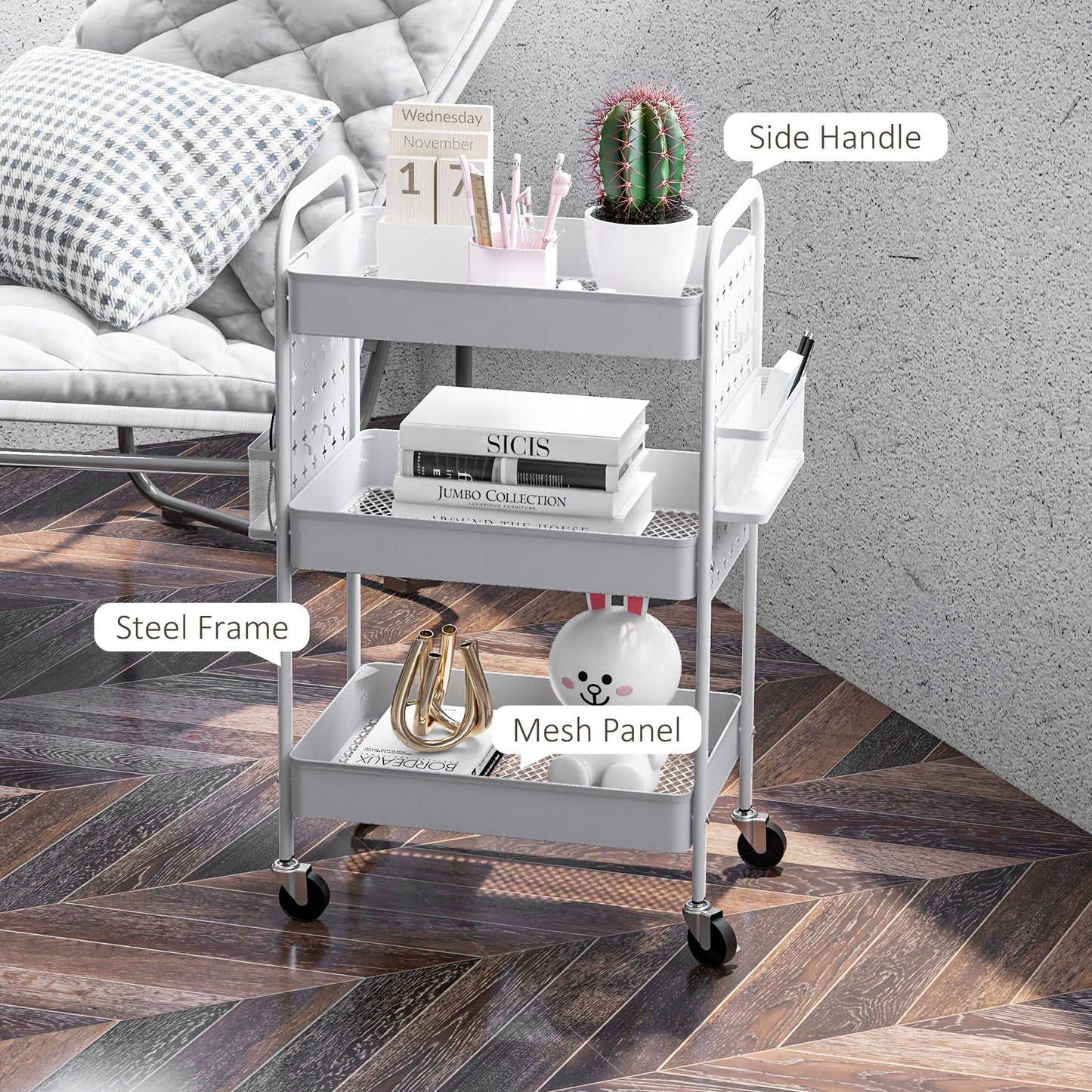 3-tier Storage Trolley on Wheels, Rolling Utility Serving Cart w/ 3 Mesh Baskets, 2 Hanging Boxes & 6 Hooks for Living Room, White | HOMCOM-4