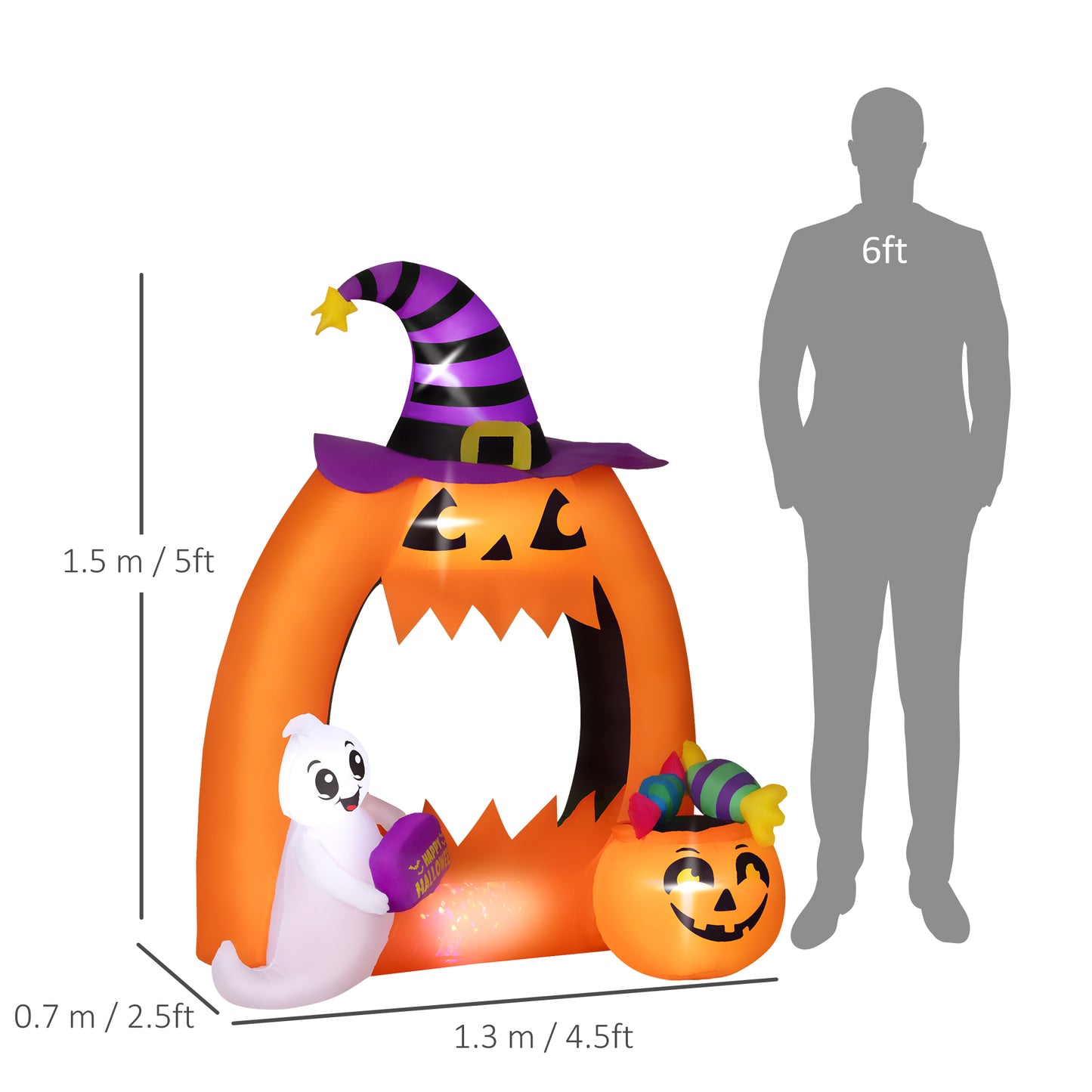 Outsunny 4.9FT Tall Halloween Inflatable Pumpkin Archway with Cute Ghost, Blow-Up Outdoor Halloween Decoration with LED Lights for Lawn, Garden, Party-1