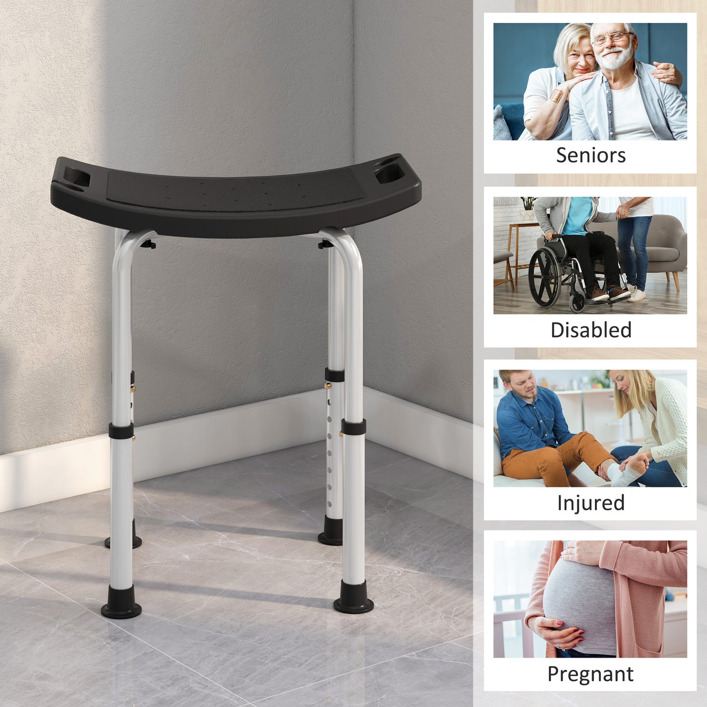 HOMCOM Height Adjustable Bath Stool, Aluminium Shower Stool with Non-Slip Pads for Elderly, Disabled, Seniors, Pregnant in Black-6