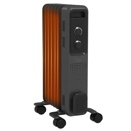 HOMCOM 1500W Oil Filled Radiator, 7 Fin, Portable Electric Heater with 3 Heat Settings, Safety Cut-Off and Wheels in Grey-0