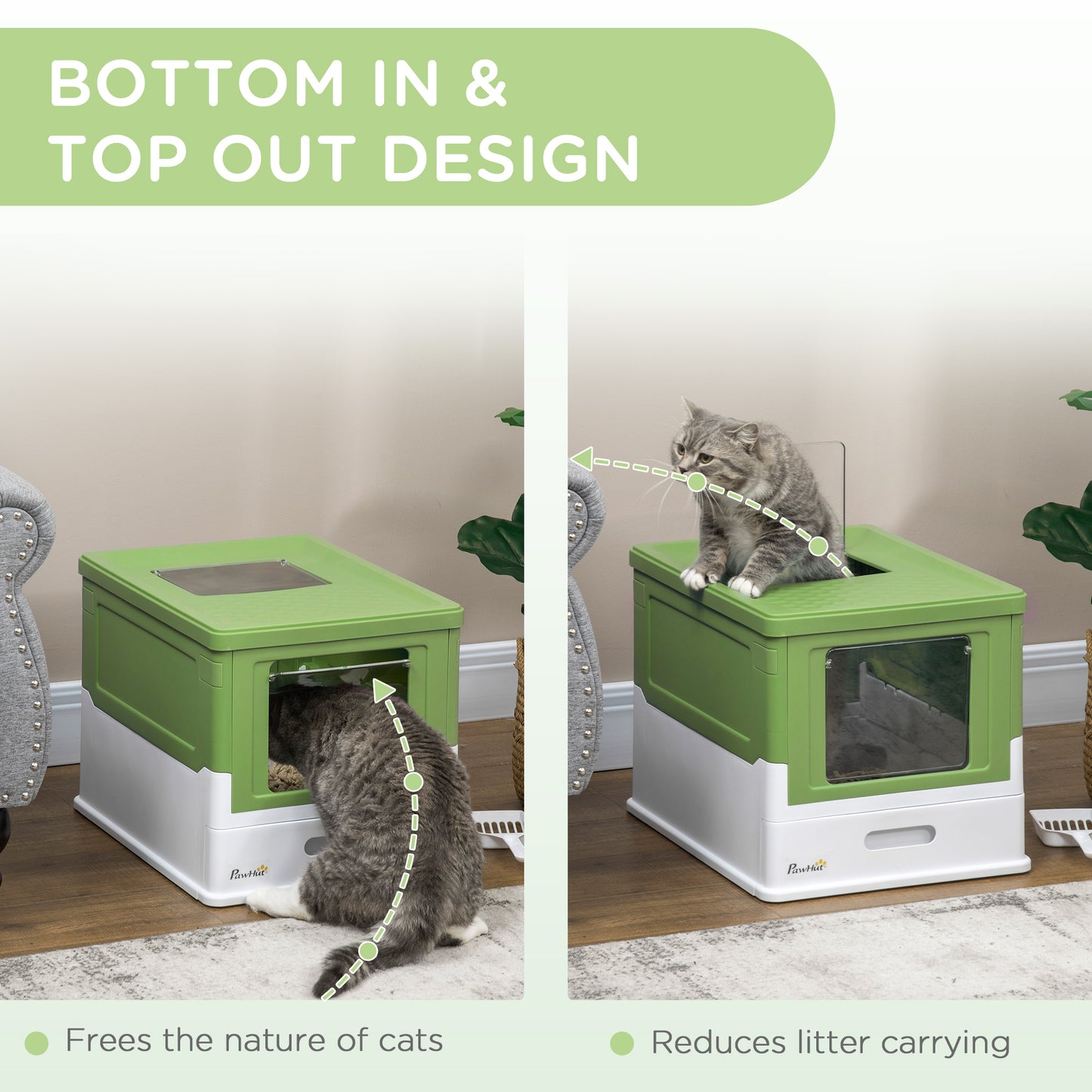 Hooded Cat Litter Box, Portable Pet Toilet, with Scoop, Front Entry in Lime Green | PawHut-3