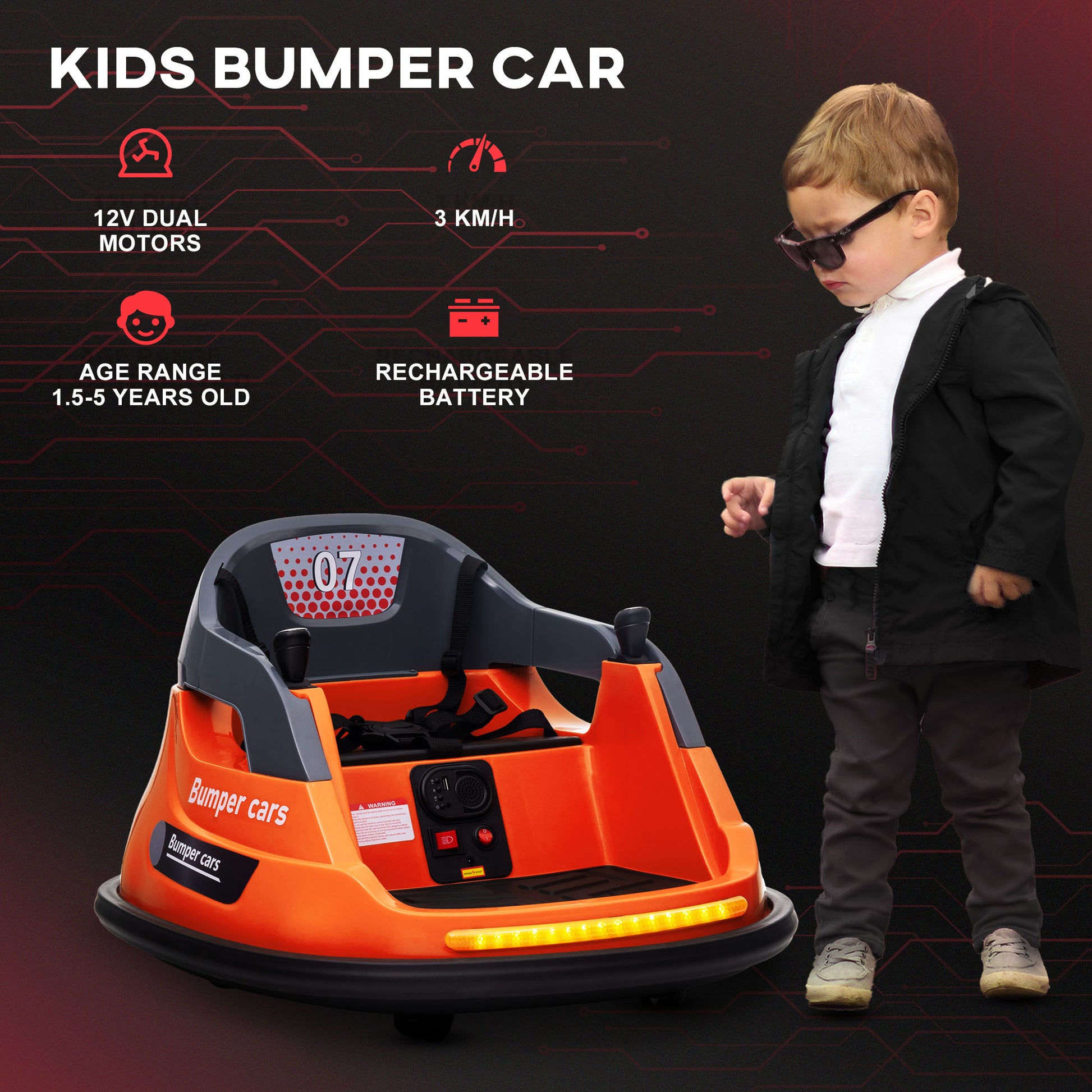 Bumper Car, 360° Rotation Spin 12V Kids Electric Car with Lights, Music, for Ages 1.5-5 Years - Orange | HOMCOM-5