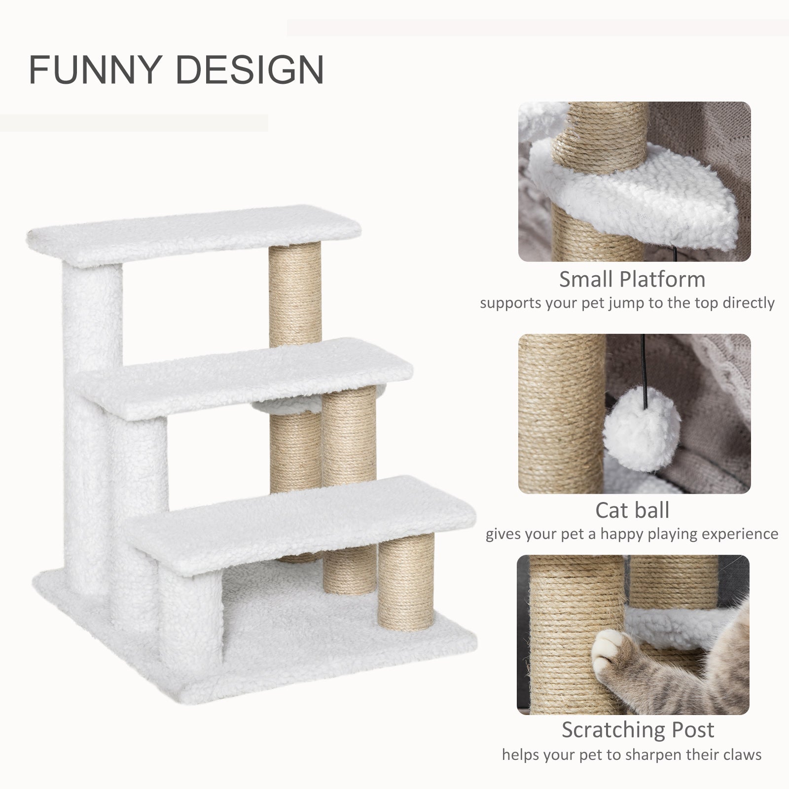 PawHut Pet Stair with 3-step Climb Ladder, Scratching Posts, Platforms, Toy Ball, for Indoor Elderly Cats Kittens in White-3