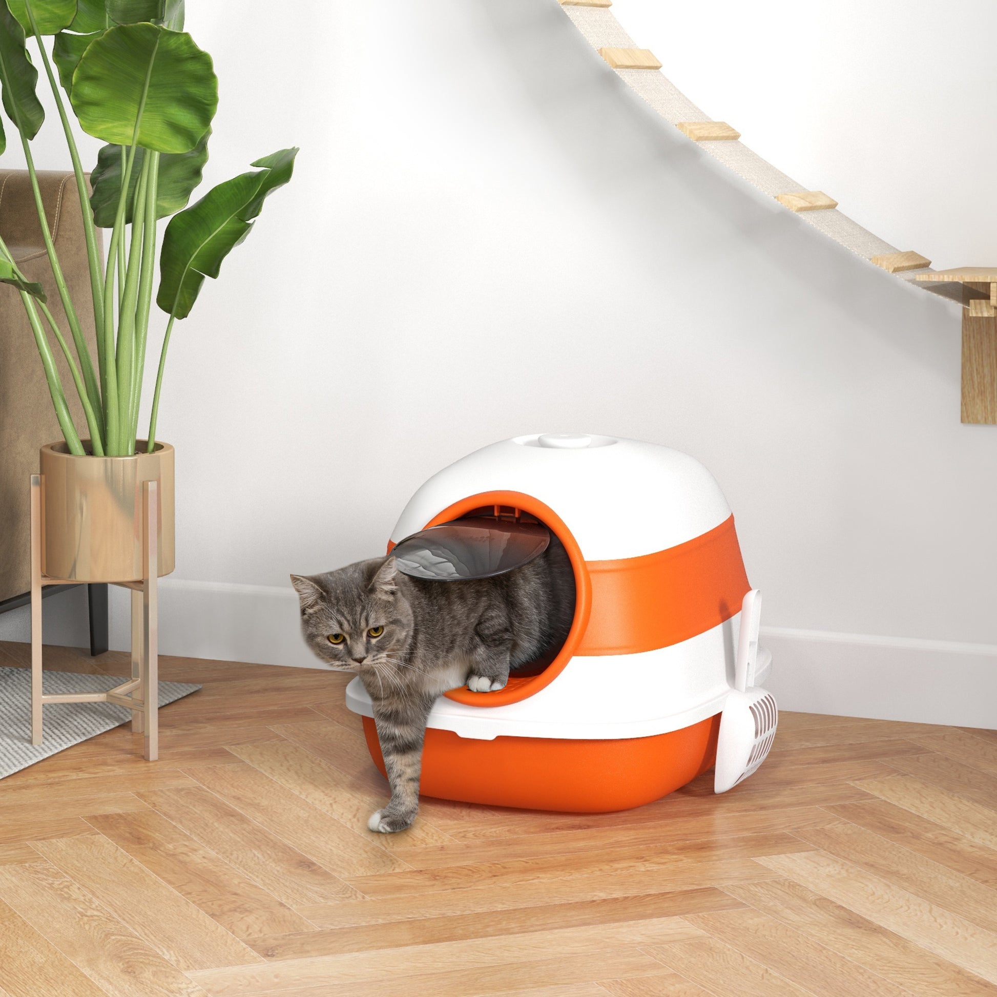 Foldable Cat Litter Tray with Lid, Deodorant, Scoop, Orange | PawHut-8