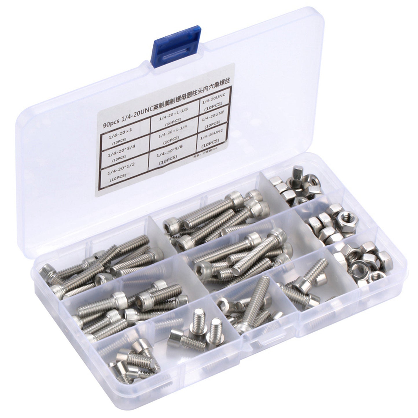 90pcs 1/4-20UNC Stainless Steel Hex Socket Cap Head Bolts Hex Screw Assortment Kit