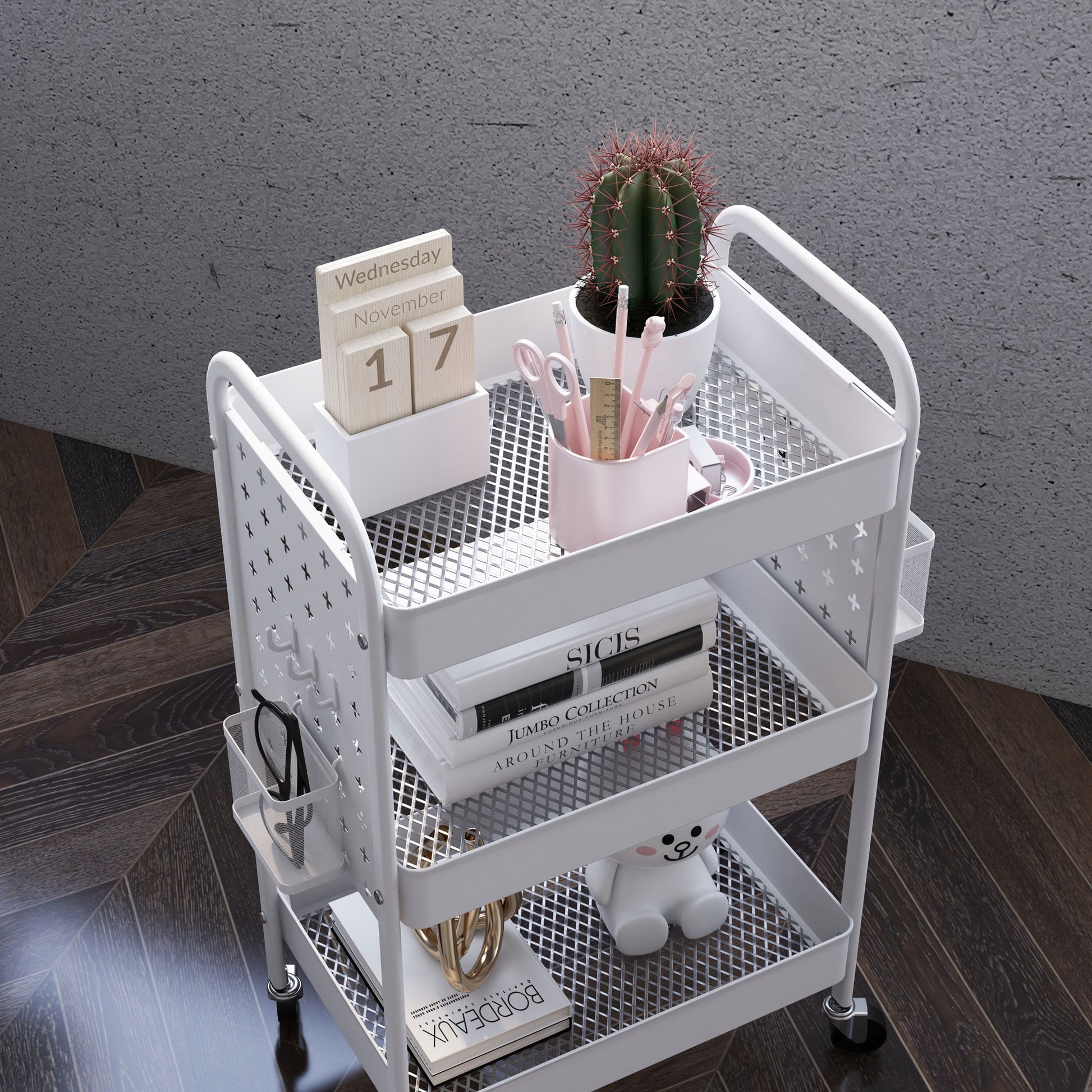 3-tier Storage Trolley on Wheels, Rolling Utility Serving Cart w/ 3 Mesh Baskets, 2 Hanging Boxes & 6 Hooks for Living Room, White | HOMCOM-6