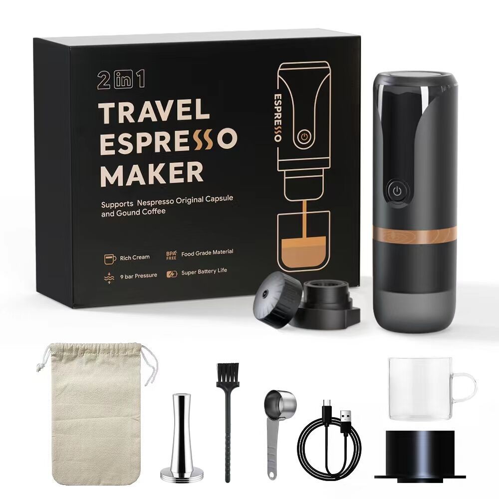 Portable Espresso Machine 9 Bar Pressure Rechargeable 2 in 1 Small Travel Coffee Maker Compatible with Nespresso Capsules Ground Coffee Perfect for Travel Camping Hiking Office Kitchen Black