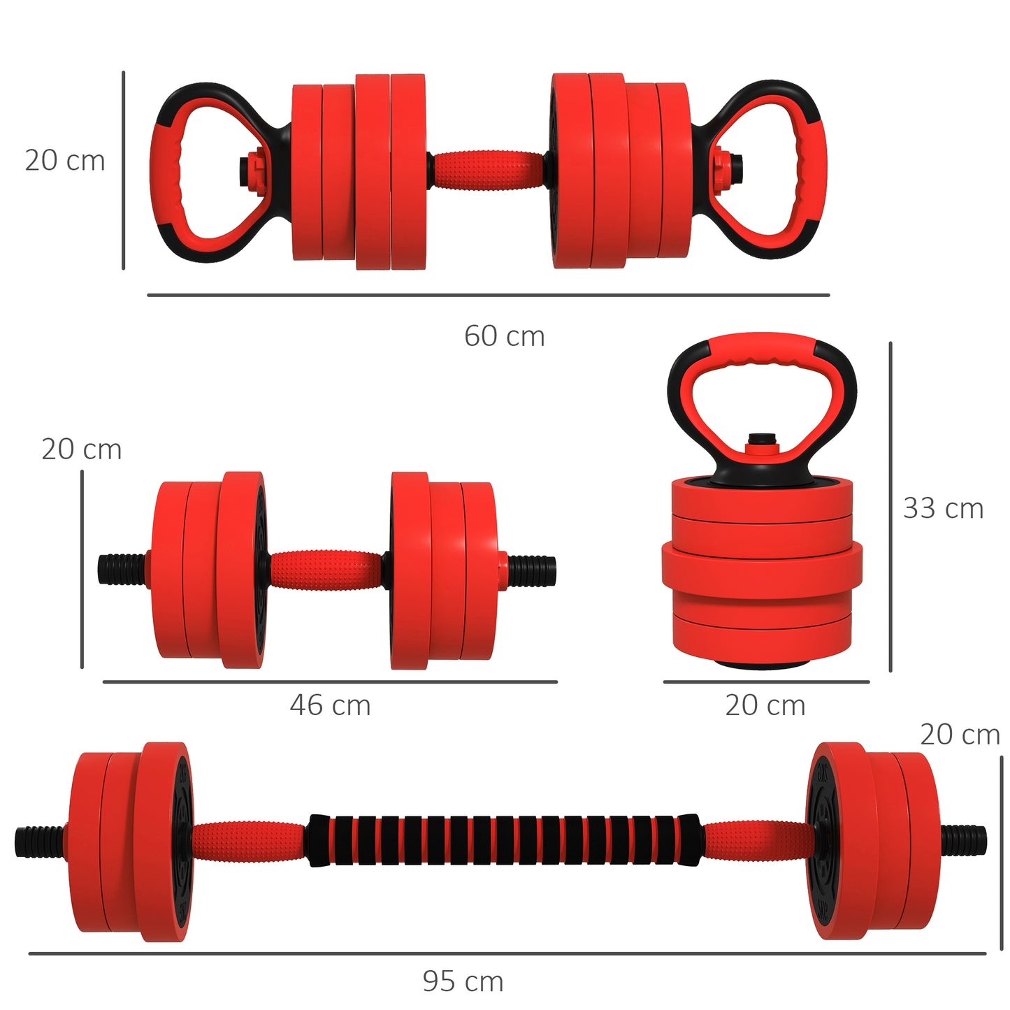 SPORTNOW 20kg Four-In-One Adjustable Weight Dumbbells Set, Barbell, Kettlebell, Push Up Stand in Red-1