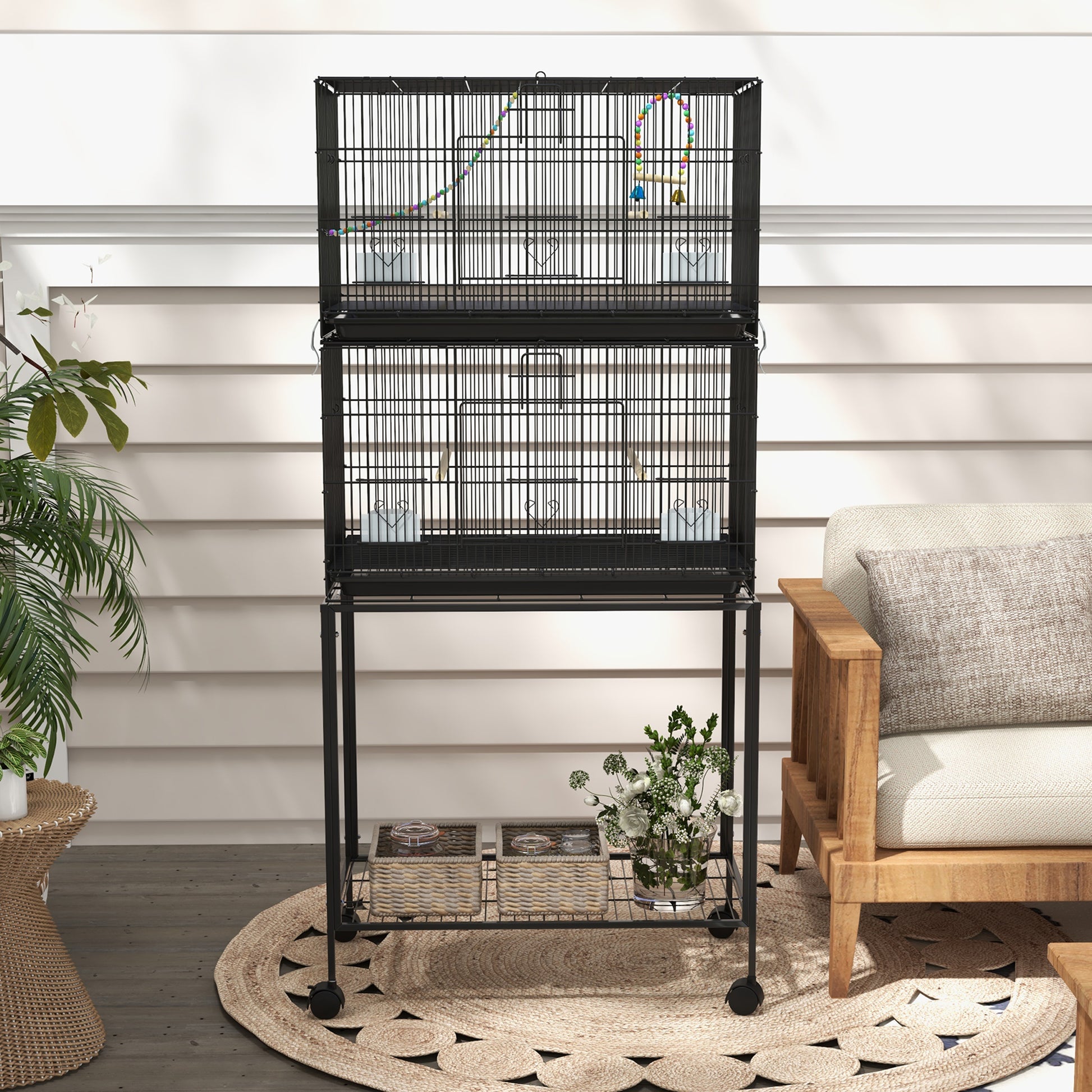 Double Stackable Bird Cage on Wheels with Stand, for Canaries | PawHut-7