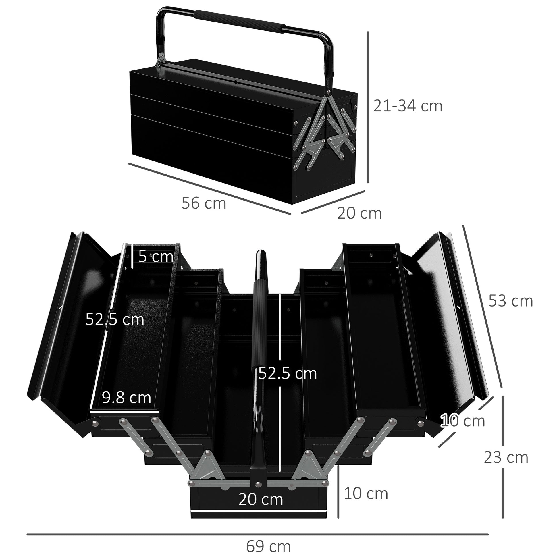 Professional Metal Toolbox, 3 Tier, 5 Tray, Portable with Carry Handle, 56cmx20cmx34cm, Black | DURHAND-1