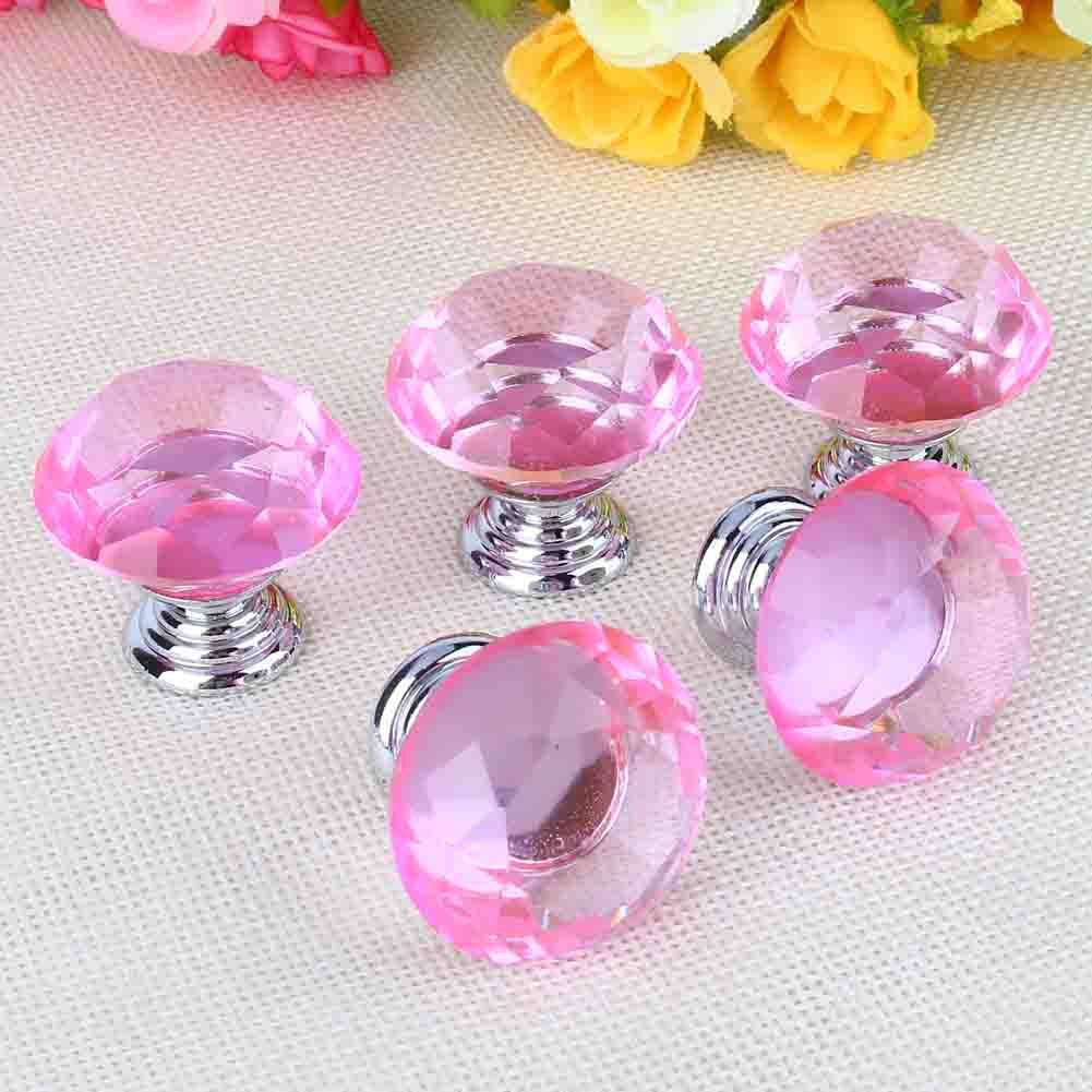 10PCS 30mm Pink Crystal Glass Door Knobs For Drawer Cabinet Kitchen