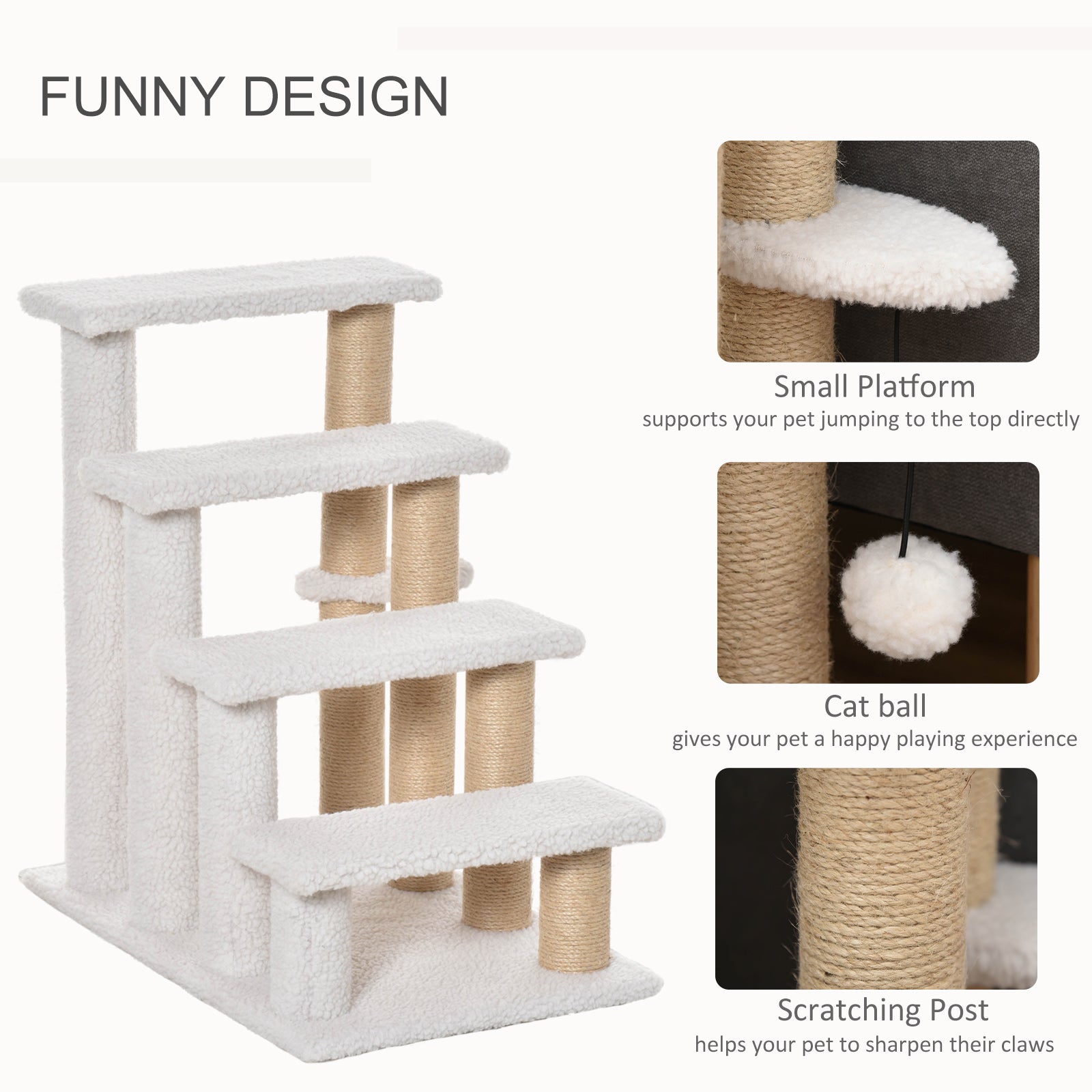 PawHut Pet Stair with 4-step Climb Ladder, Scratching Posts, Platforms, Toy Ball, for Indoor Elderly Cats Kittens in White-3