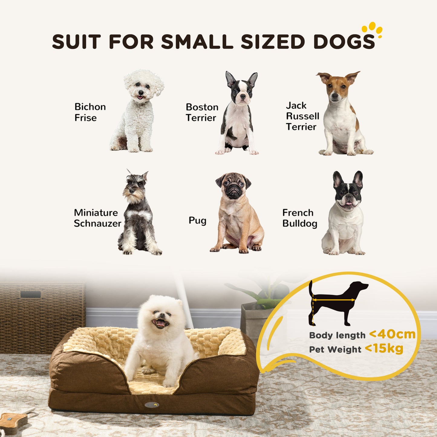 PawHut Calming Dog Bed Pet Mattress w/ Removable Cover, Anti-Slip Bottom, for Small Dogs, 70L x 50W x 18Hcm - Brown-2