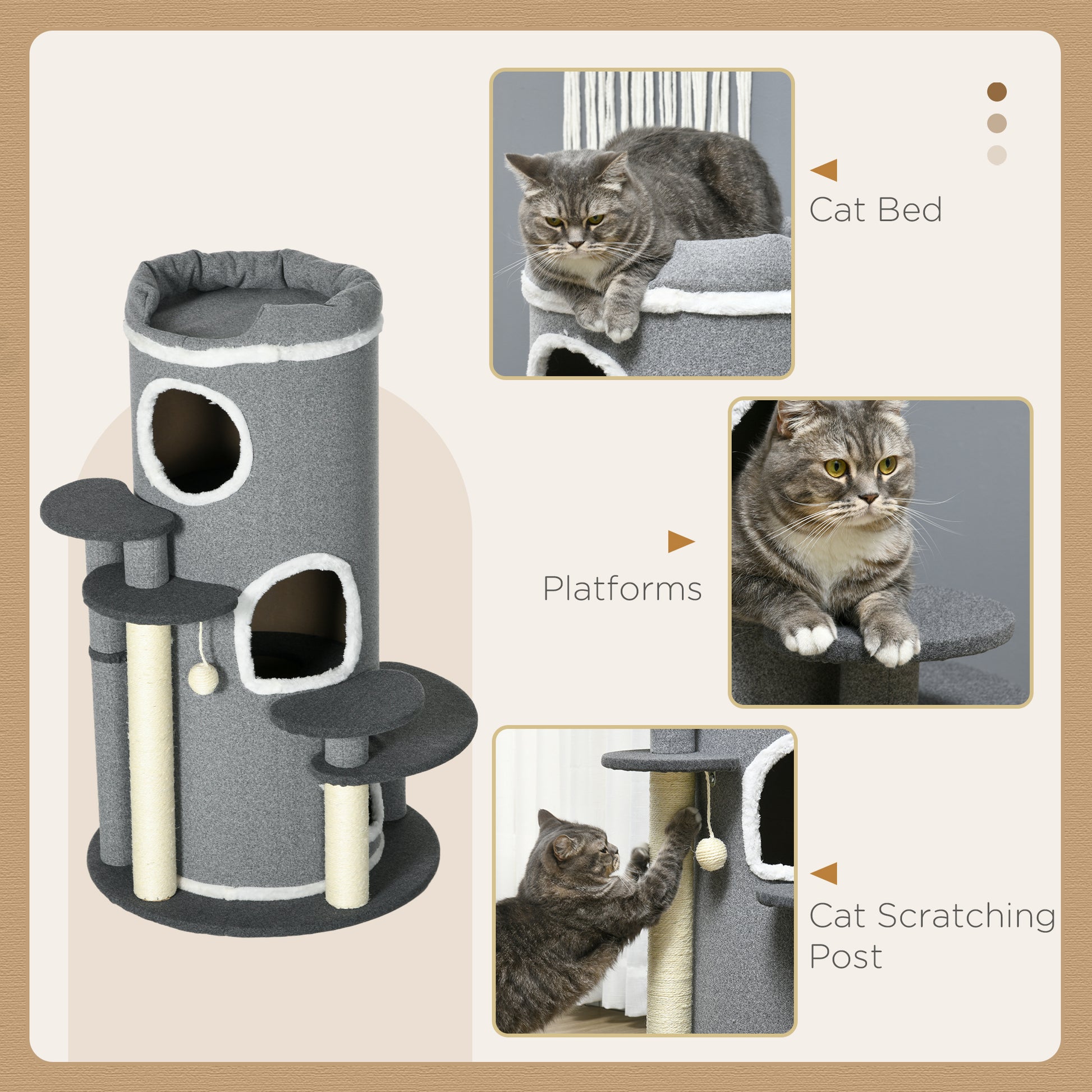 Barrel Shaped Cat Tree with Sisal Scratching Posts, Cat Bed, Platforms, Hanging Ball in Grey | PawHut-3