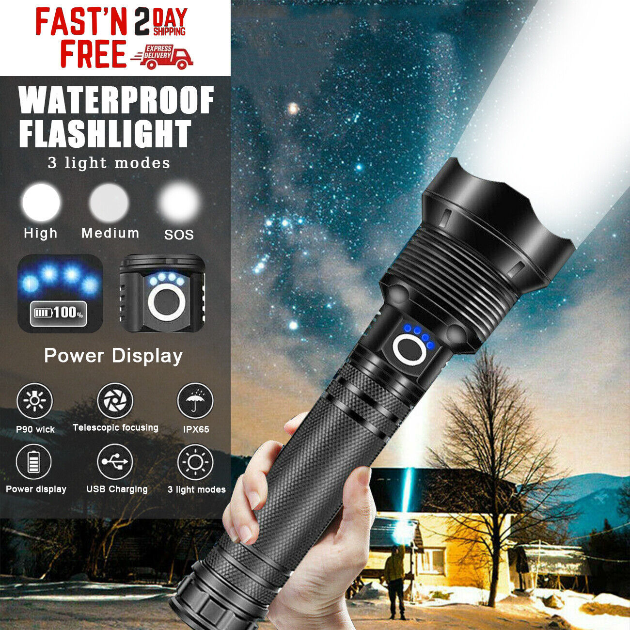 Super Bright Torch 2500000LM LED Flashlight USB Rechargeable Tactical Lights